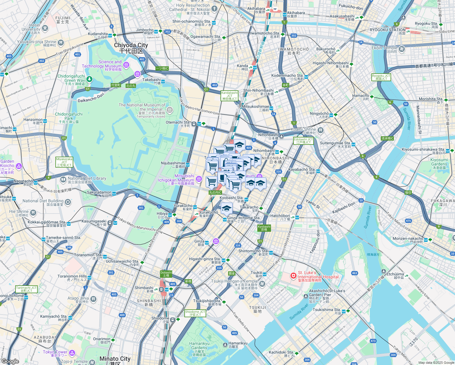 map of restaurants, bars, coffee shops, grocery stores, and more near in Chiyoda City