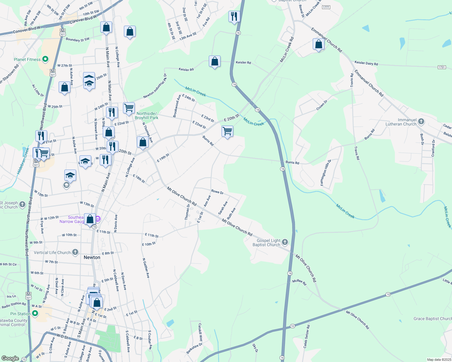 map of restaurants, bars, coffee shops, grocery stores, and more near 617 Thomas Drive in Newton