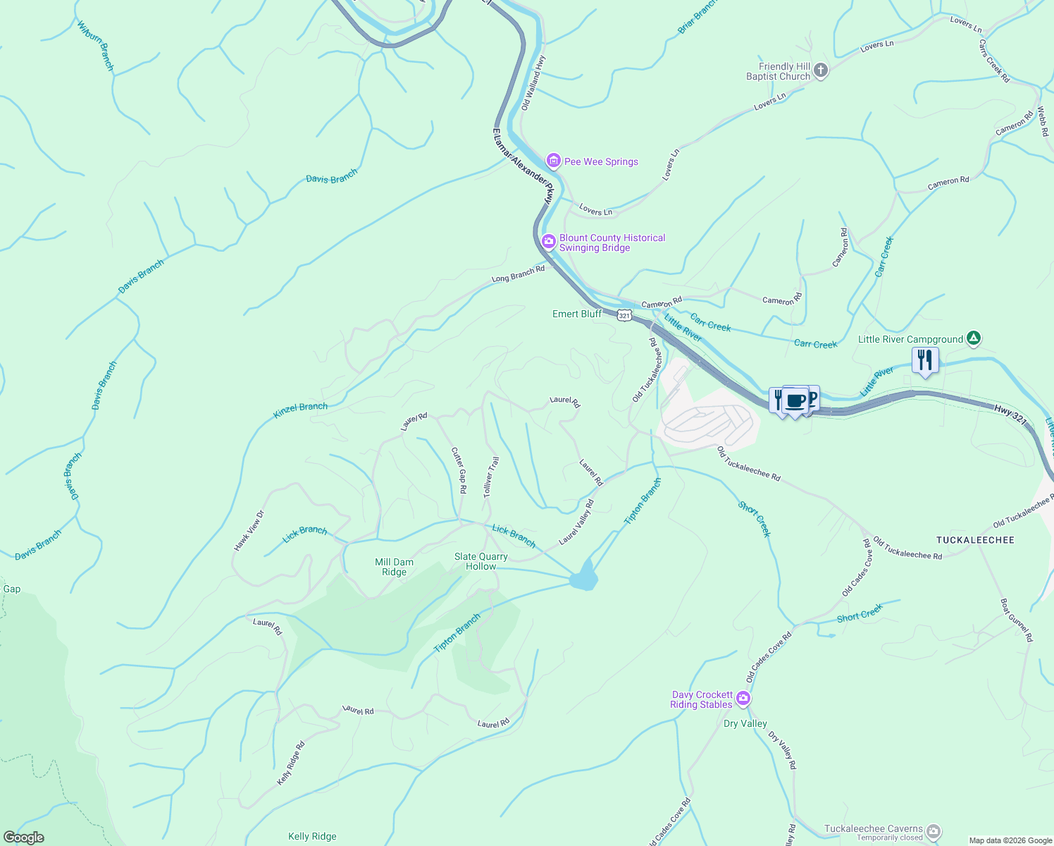 map of restaurants, bars, coffee shops, grocery stores, and more near 104 Craig Cove in Townsend