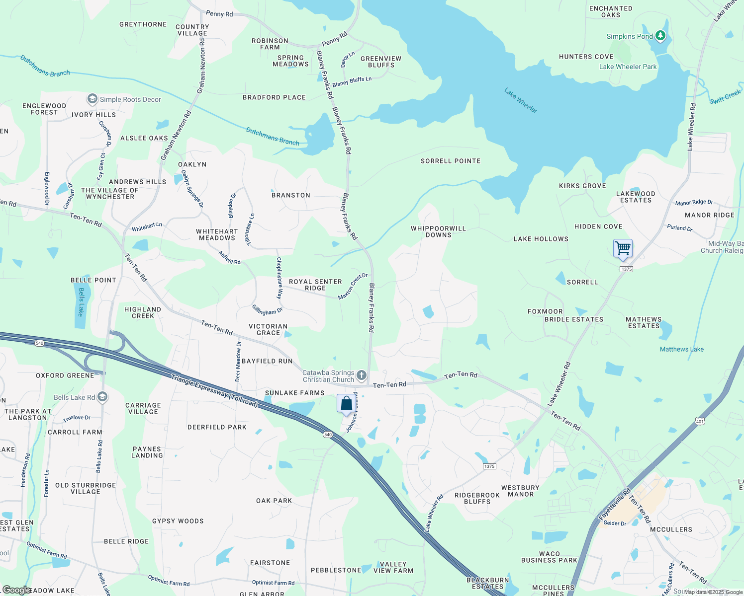 map of restaurants, bars, coffee shops, grocery stores, and more near 7817 Blaney Franks Road in Apex