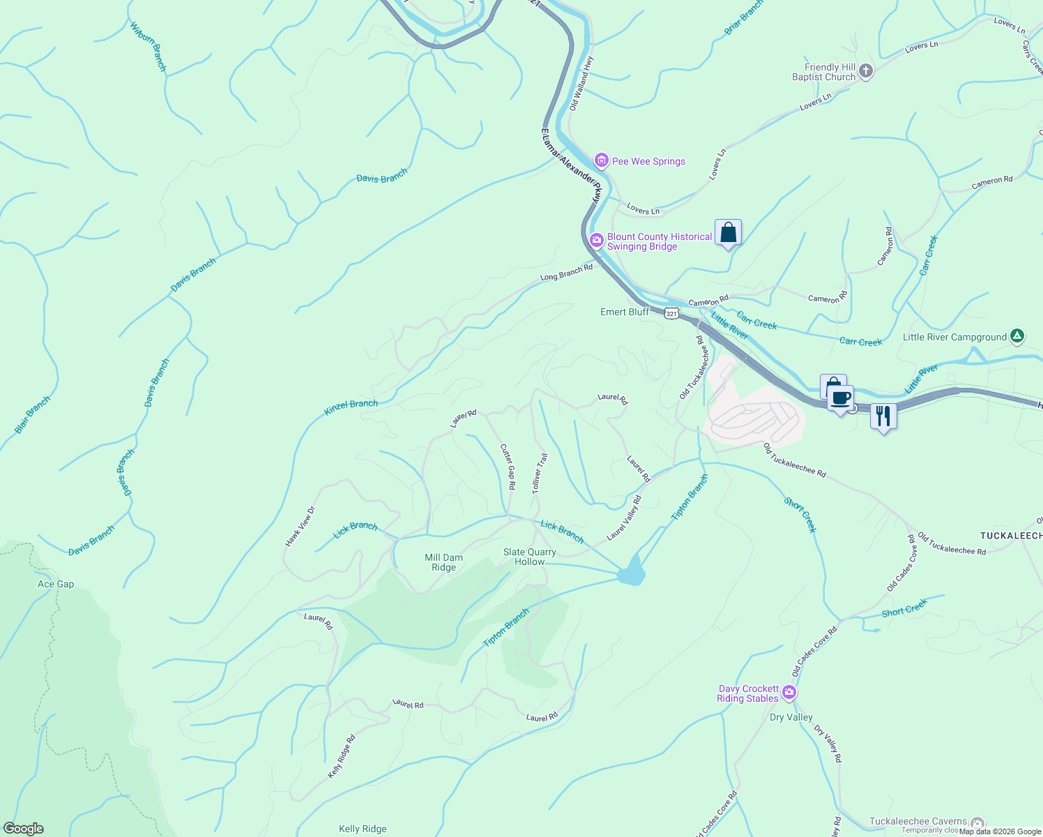 map of restaurants, bars, coffee shops, grocery stores, and more near 103 Allison Way in Townsend