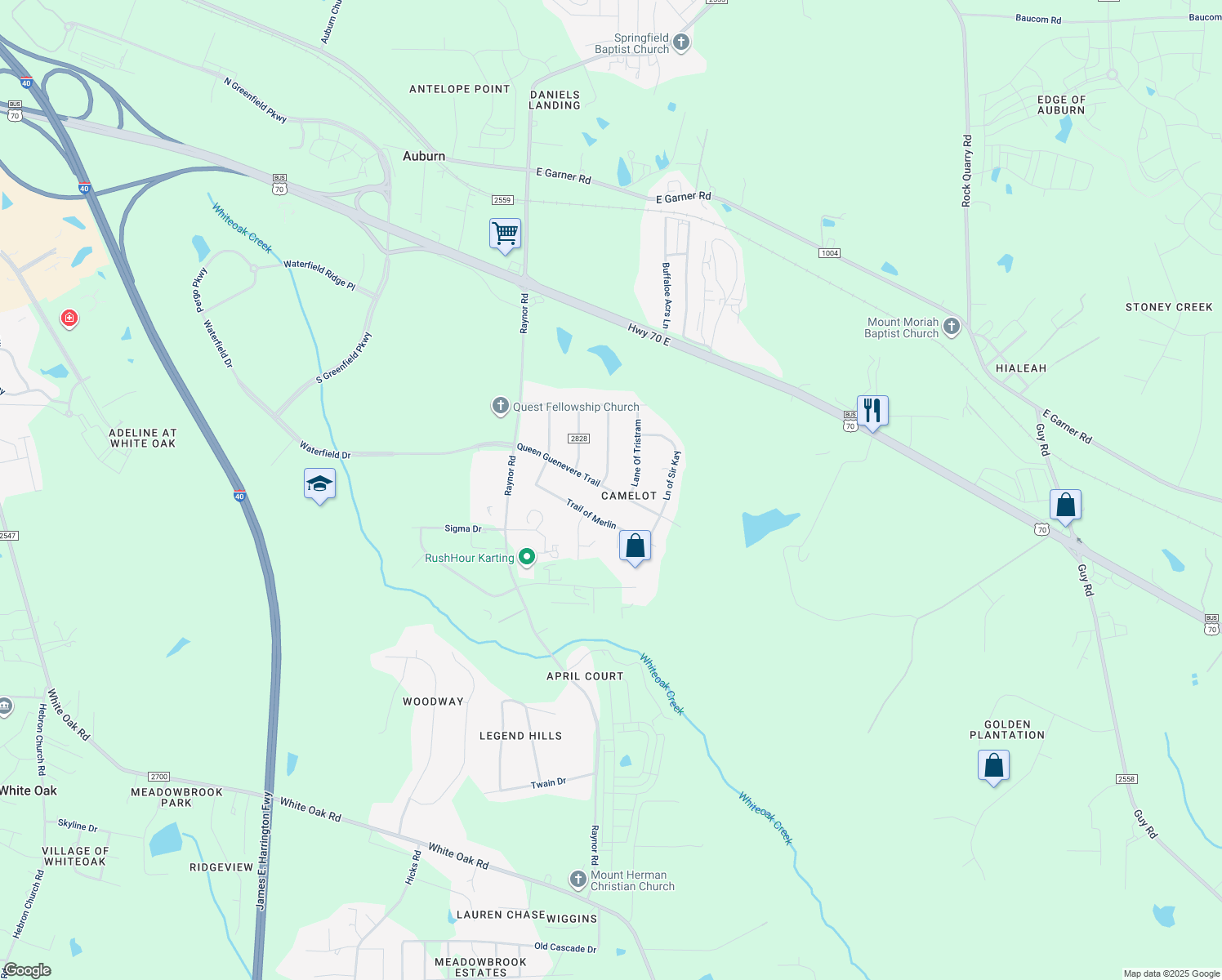 map of restaurants, bars, coffee shops, grocery stores, and more near 402 Queen Guenevere Trail in Garner
