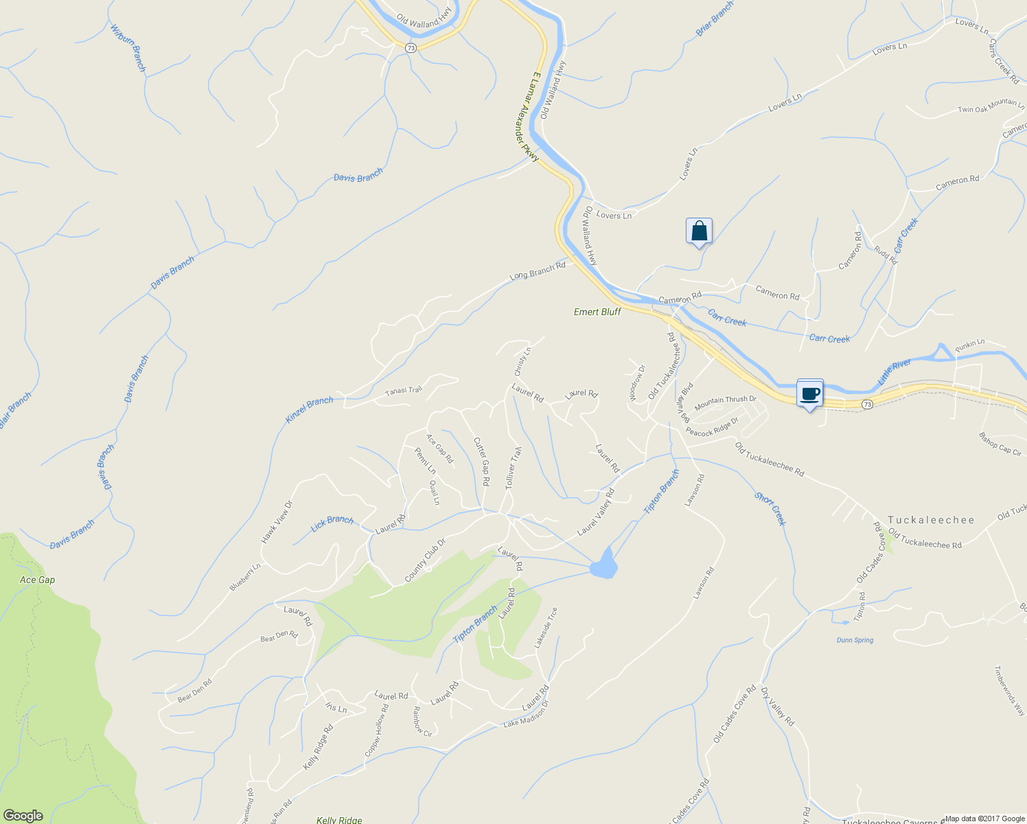 map of restaurants, bars, coffee shops, grocery stores, and more near 228 Tolliver Trail in Townsend