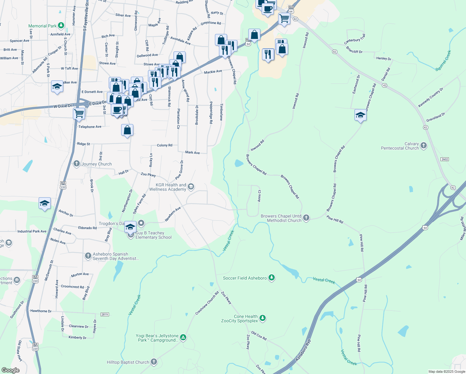 map of restaurants, bars, coffee shops, grocery stores, and more near 712 Stoney Creek Dr in Asheboro