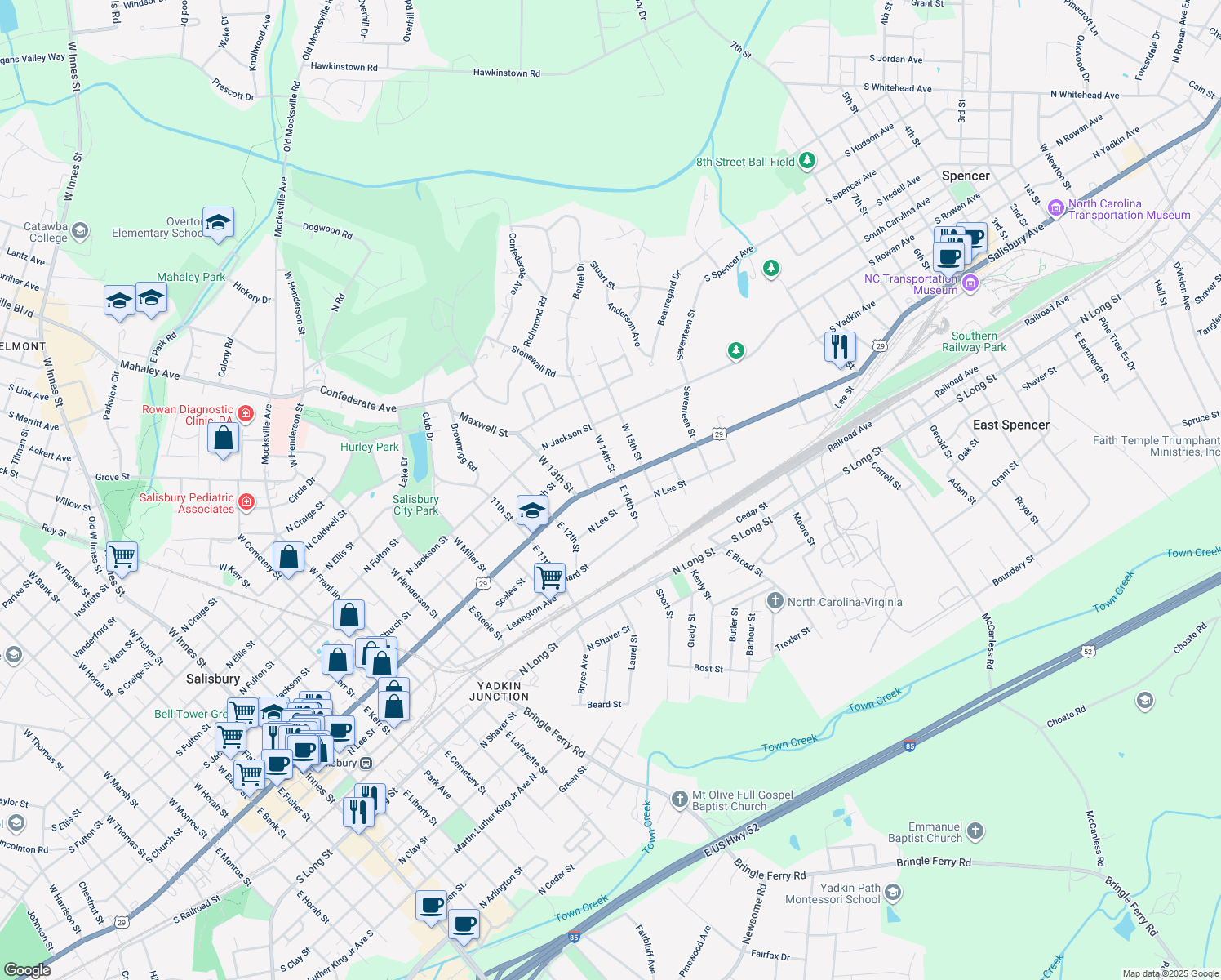 map of restaurants, bars, coffee shops, grocery stores, and more near 1435 North Main Street in Salisbury