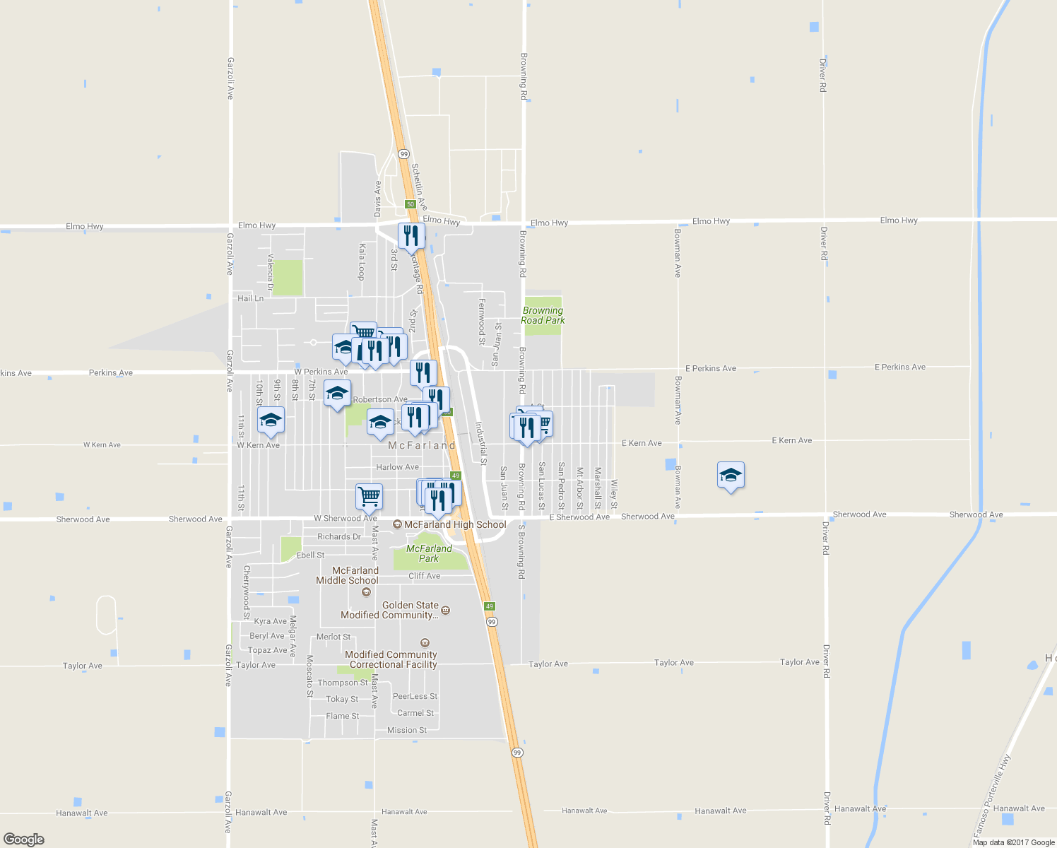 map of restaurants, bars, coffee shops, grocery stores, and more near 358 Browning Rd in McFarland