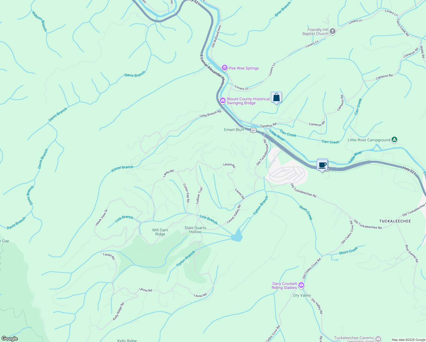 map of restaurants, bars, coffee shops, grocery stores, and more near 104 Craig Cove in Townsend
