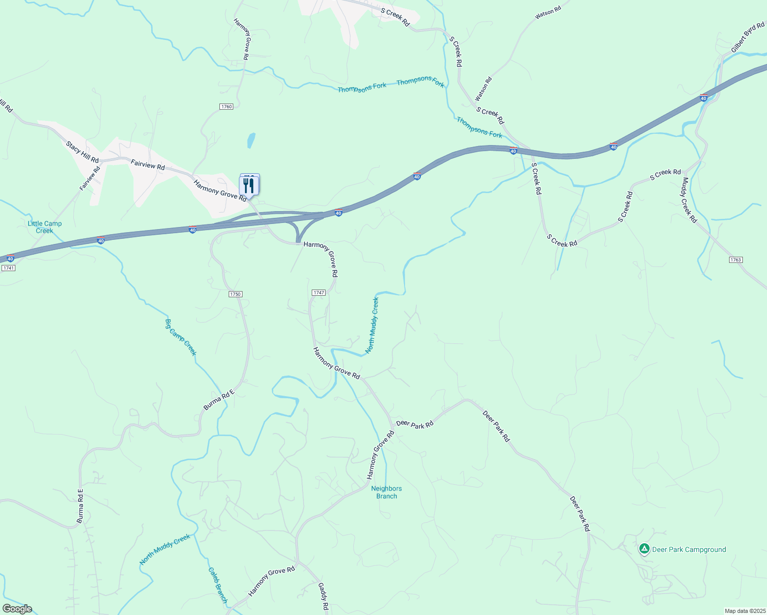 map of restaurants, bars, coffee shops, grocery stores, and more near 214 Fender Brook Drive in Nebo