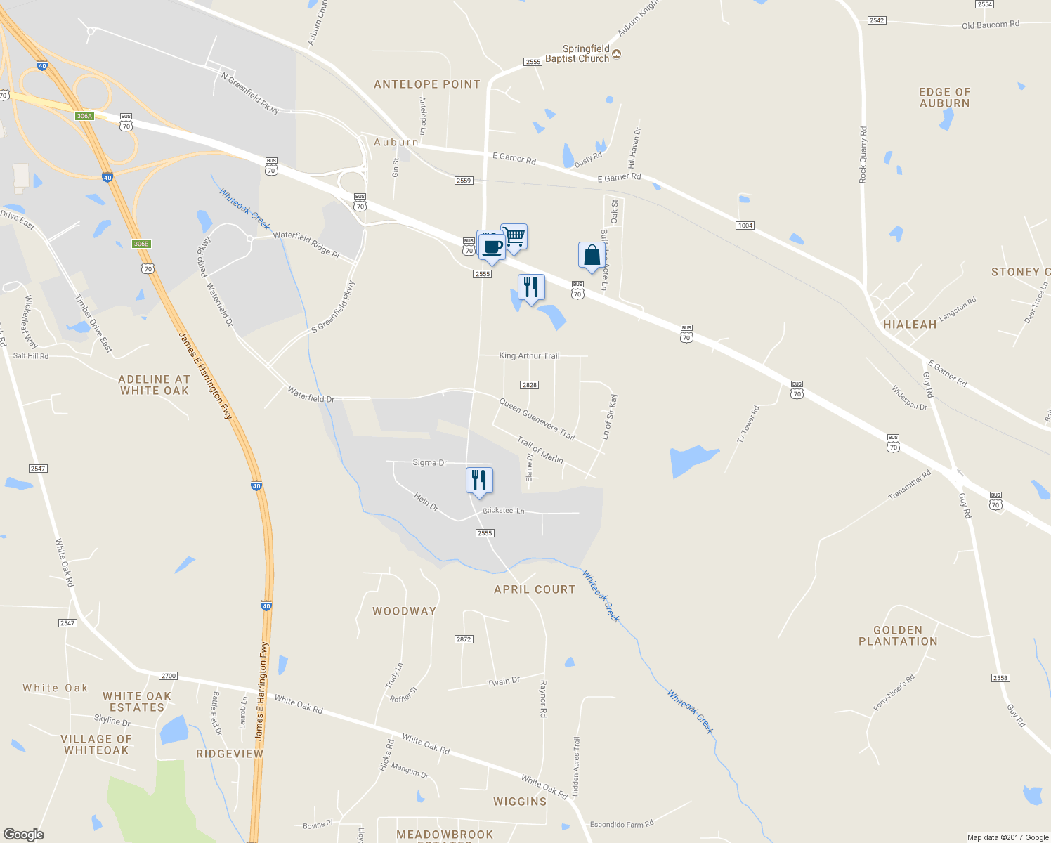 map of restaurants, bars, coffee shops, grocery stores, and more near 300 Queen Guenevere Trail in Garner