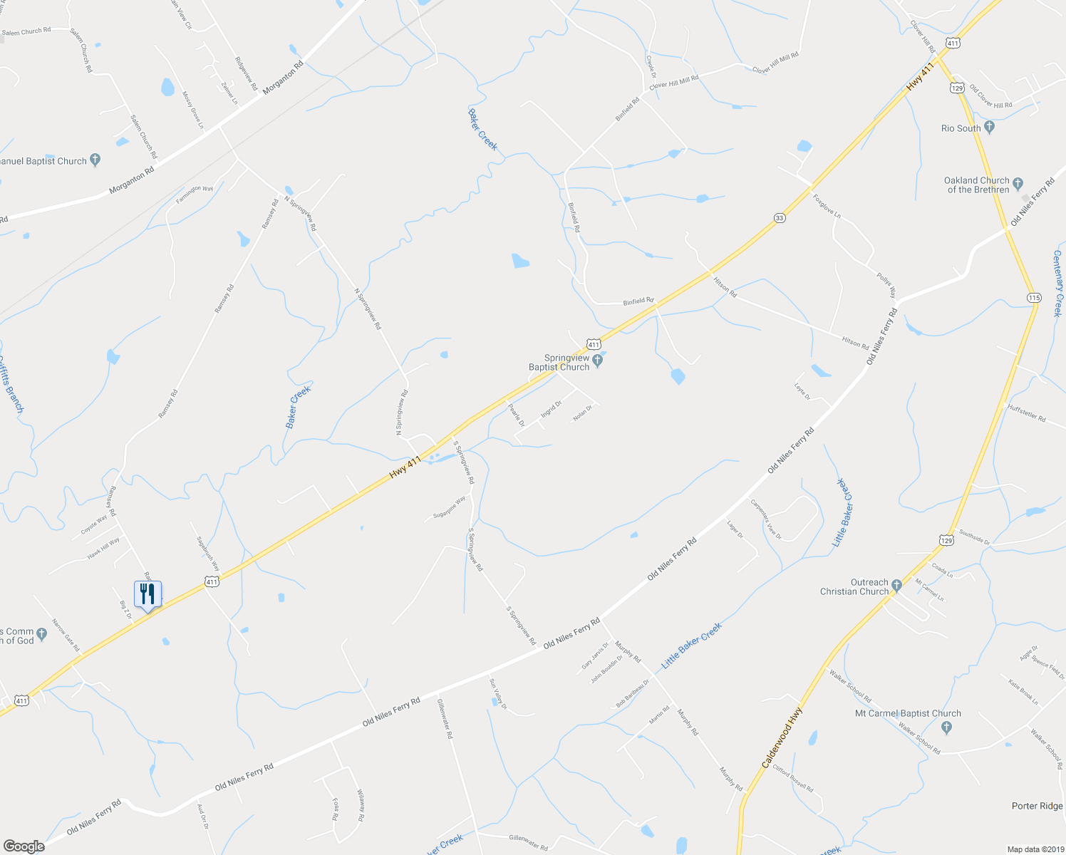 map of restaurants, bars, coffee shops, grocery stores, and more near 203 Colleen Court in Maryville