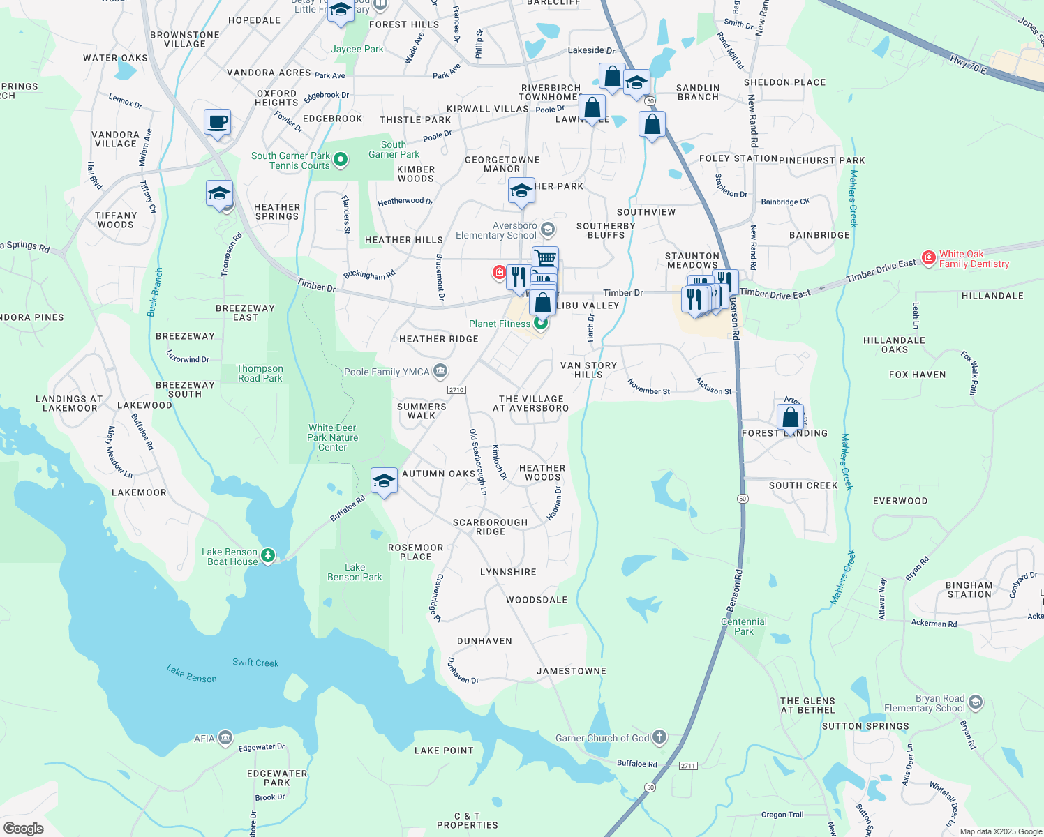 map of restaurants, bars, coffee shops, grocery stores, and more near 270 Shady Hollow Lane in Garner