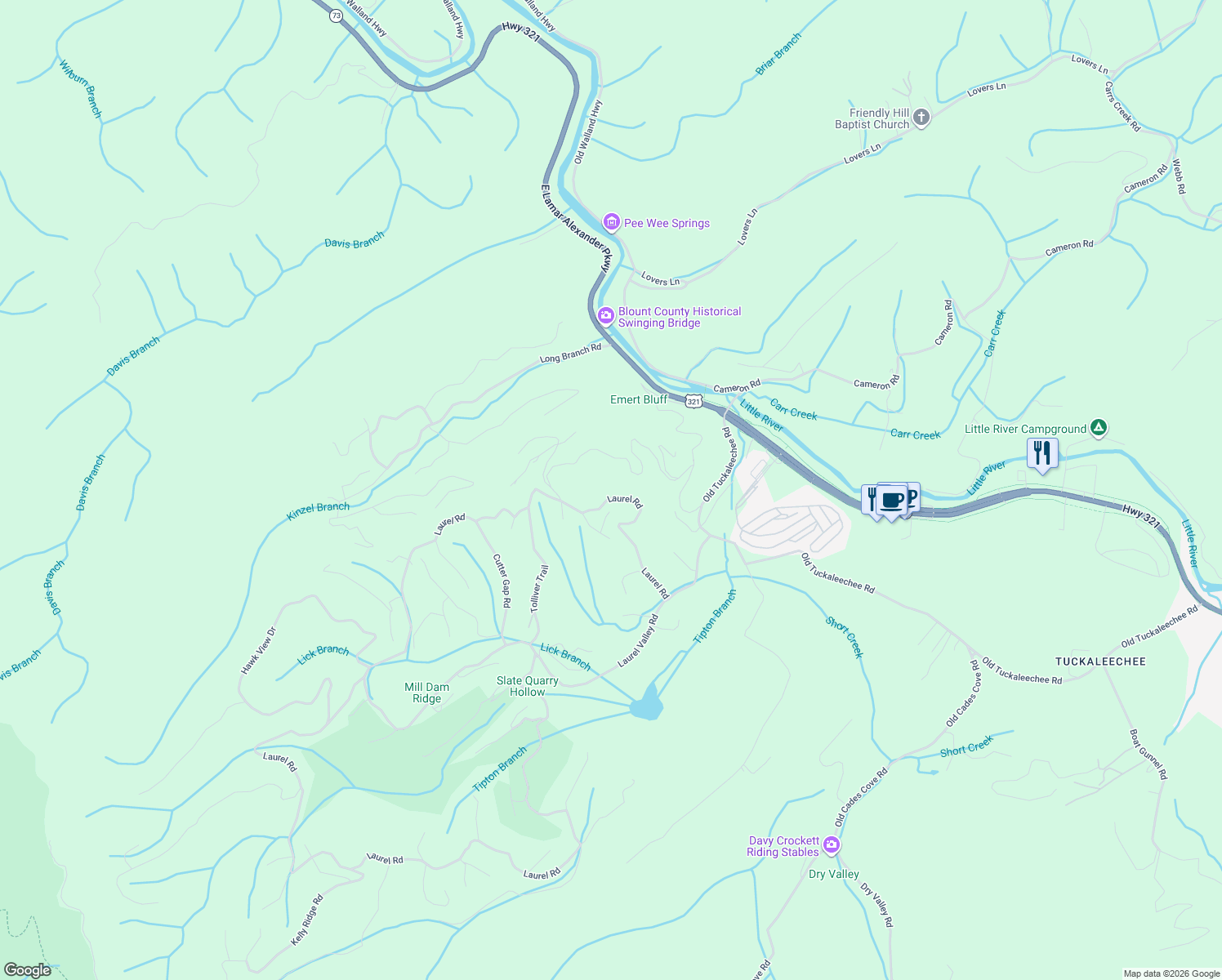 map of restaurants, bars, coffee shops, grocery stores, and more near 1040 Laurel Road in Townsend