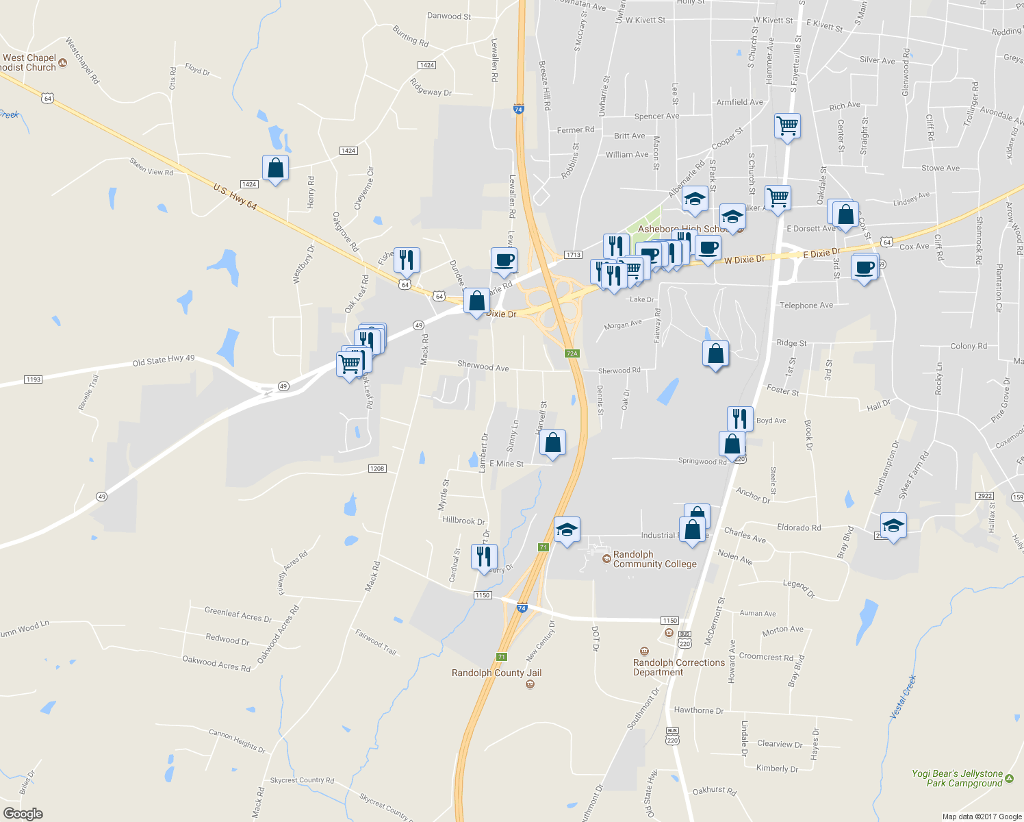map of restaurants, bars, coffee shops, grocery stores, and more near 1918 Sunny Lane in Asheboro