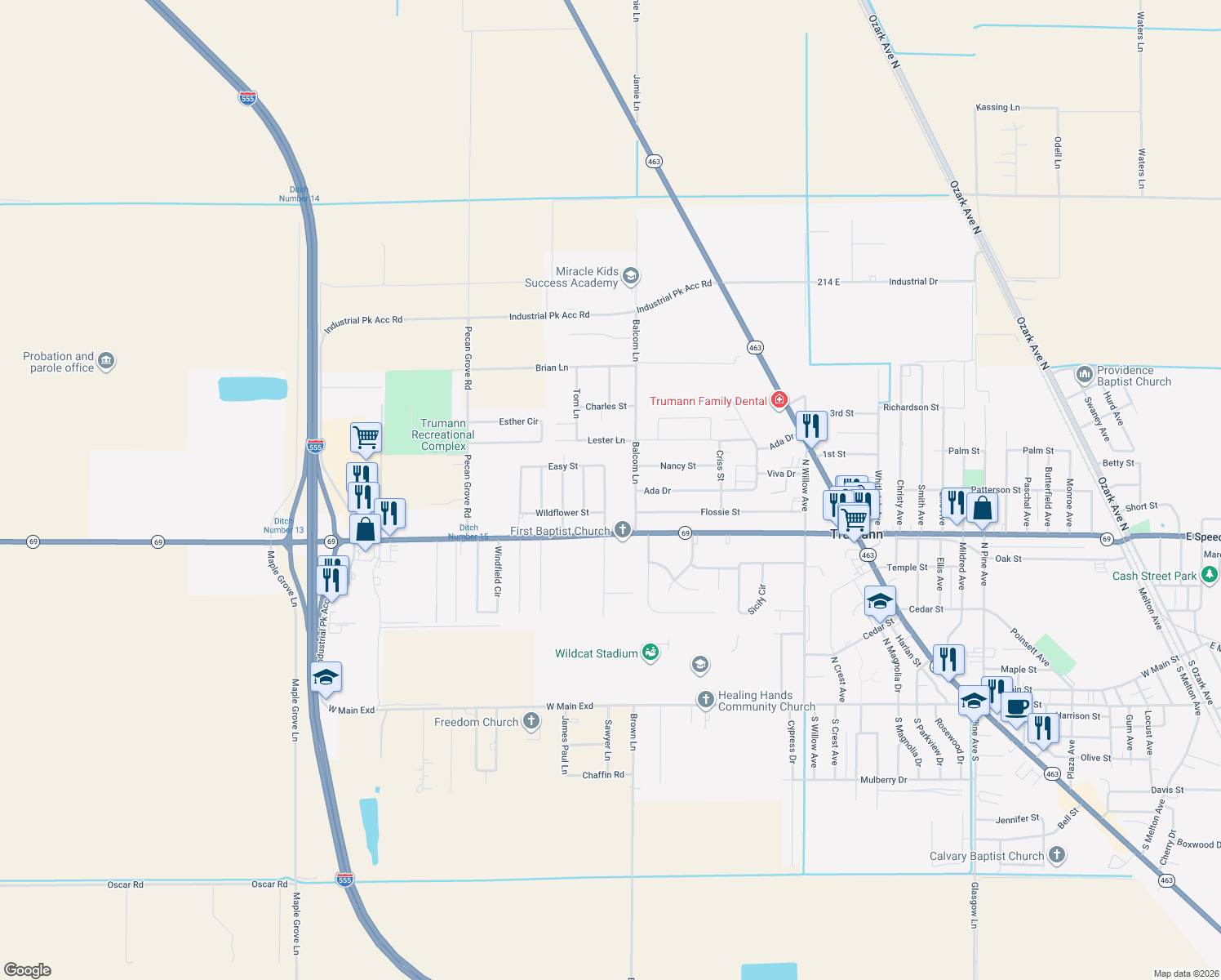 map of restaurants, bars, coffee shops, grocery stores, and more near 616 Honeysuckle Lane in Trumann