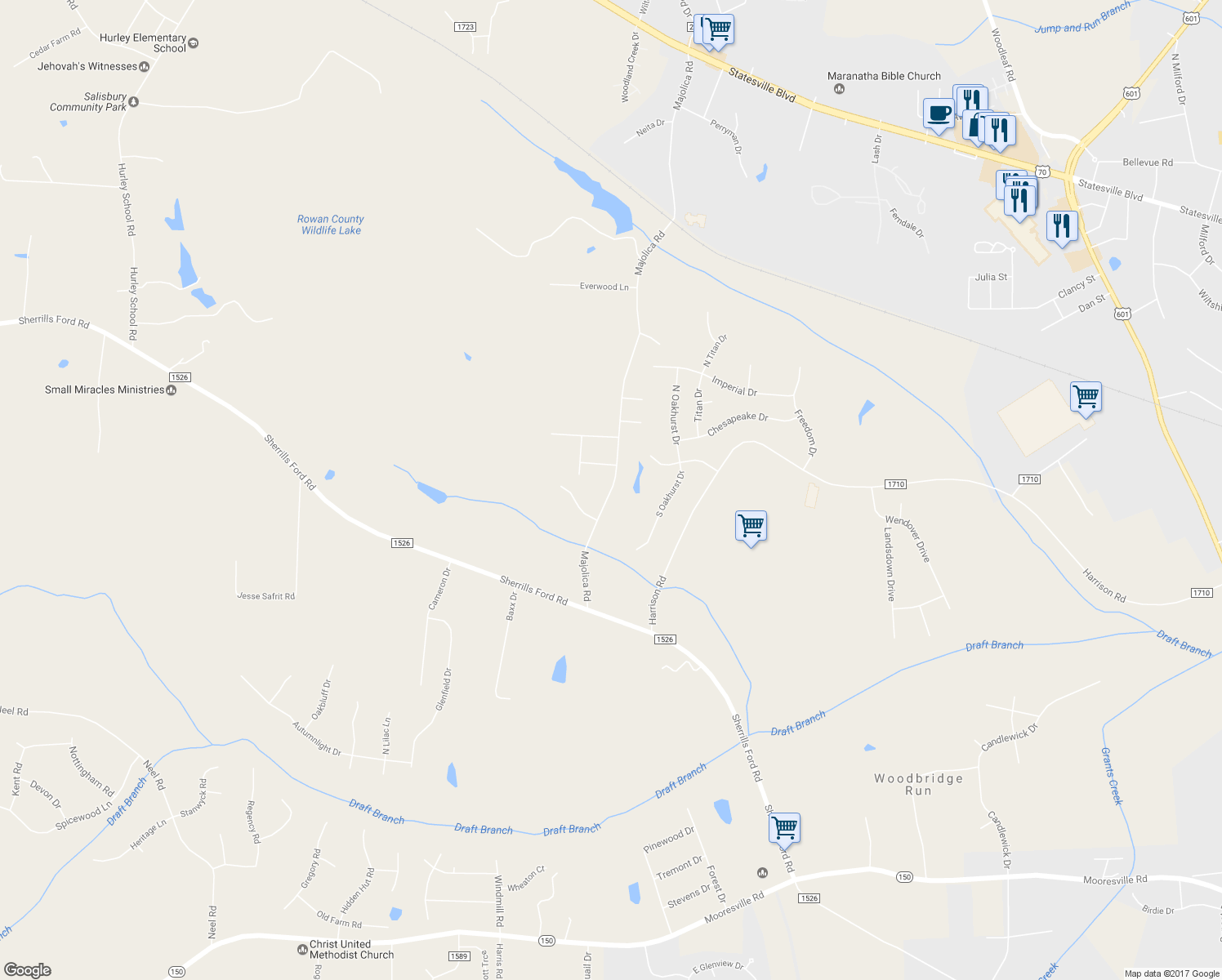 map of restaurants, bars, coffee shops, grocery stores, and more near 1385 Majolica Road in Salisbury