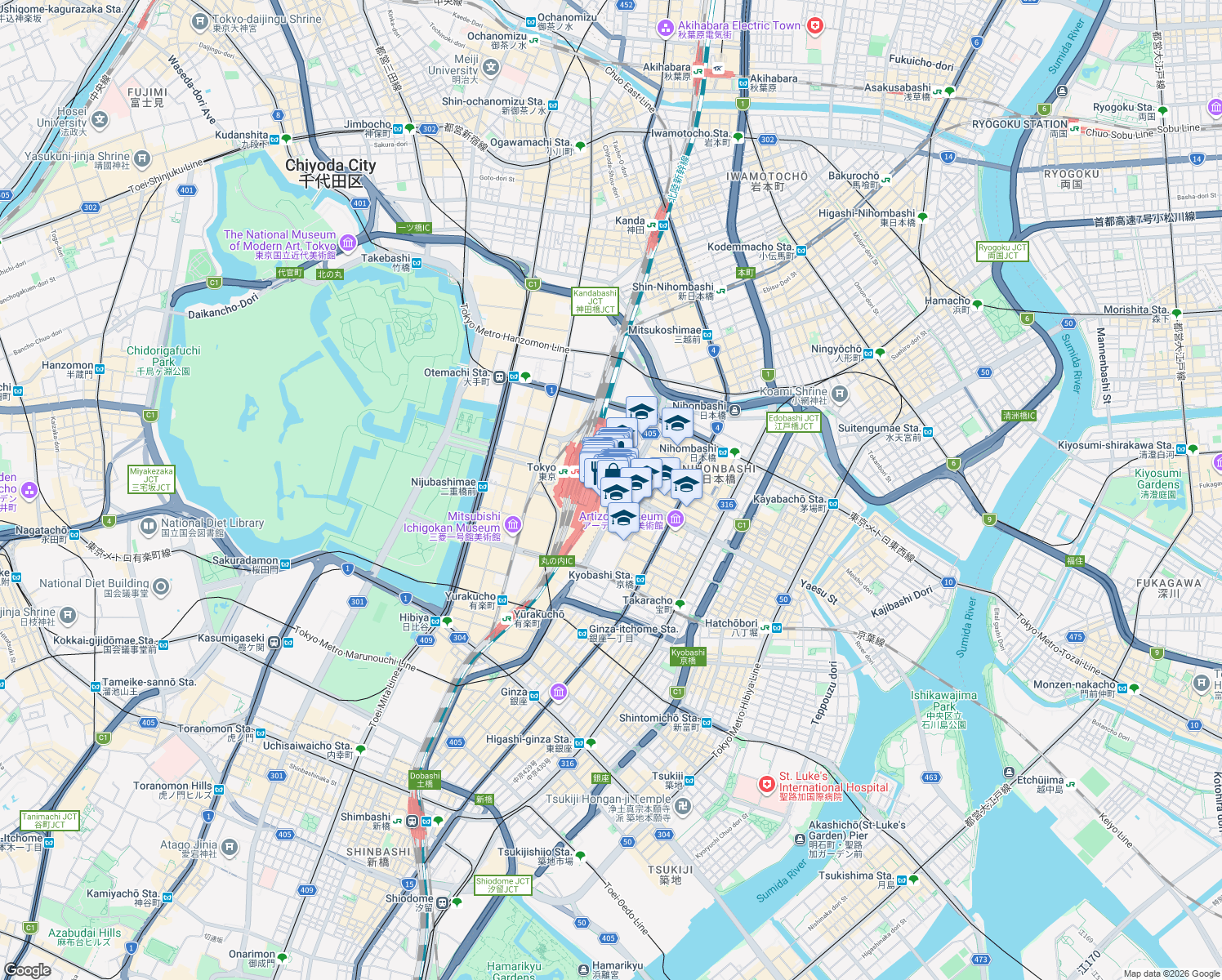map of restaurants, bars, coffee shops, grocery stores, and more near in Chiyoda City