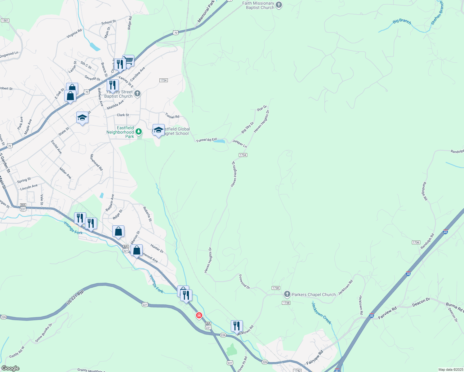 map of restaurants, bars, coffee shops, grocery stores, and more near Haven Heights Drive in Marion