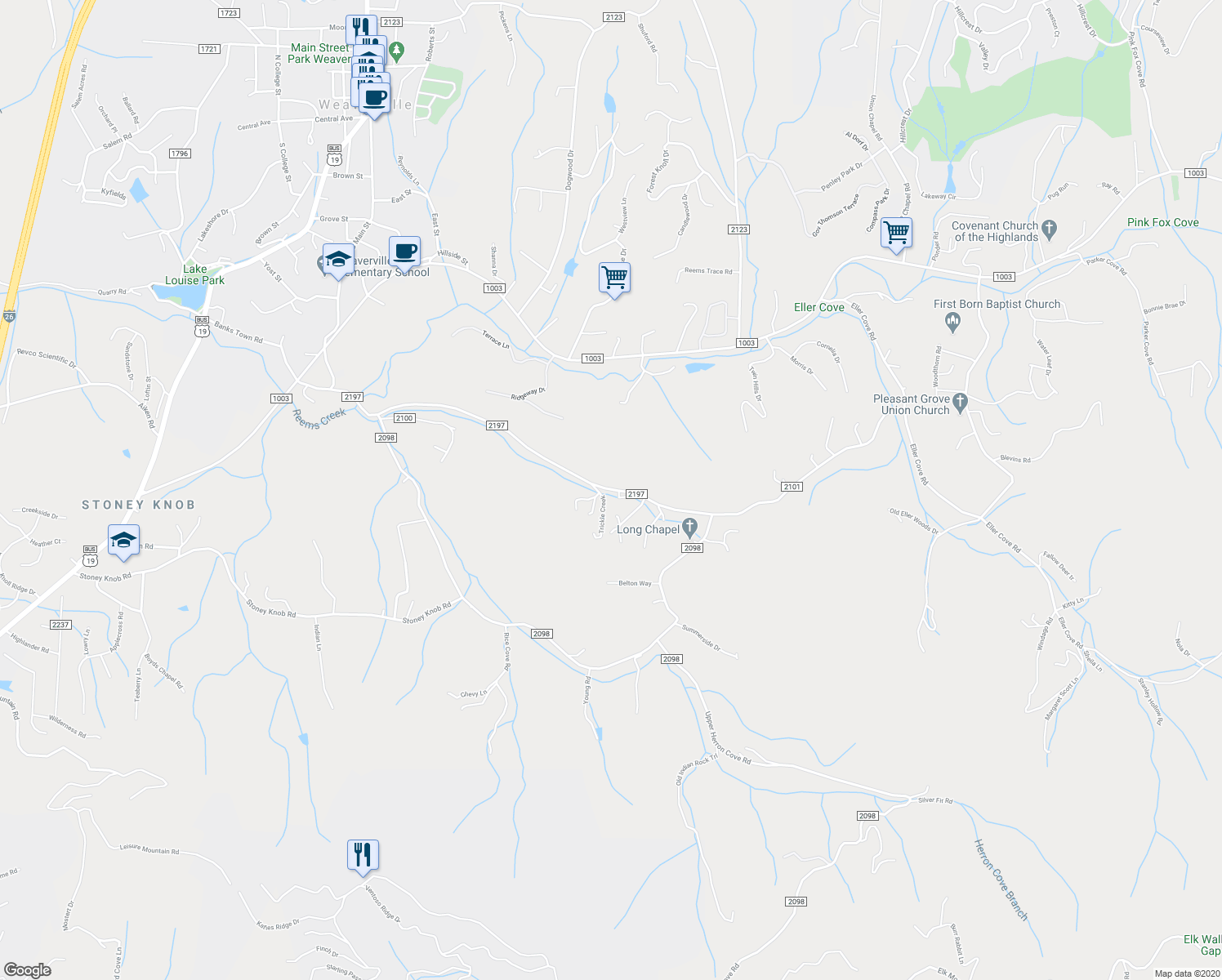 map of restaurants, bars, coffee shops, grocery stores, and more near Longs Chapel Road in Weaverville