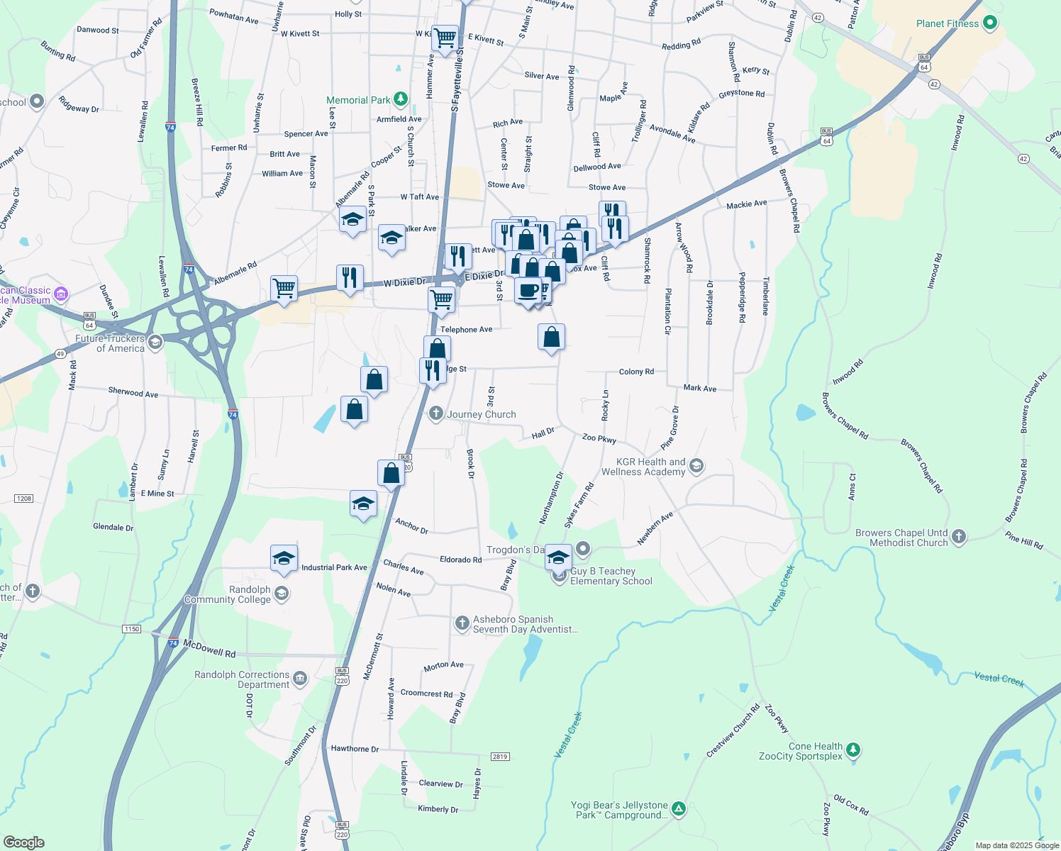 map of restaurants, bars, coffee shops, grocery stores, and more near 317 Hall Drive in Asheboro