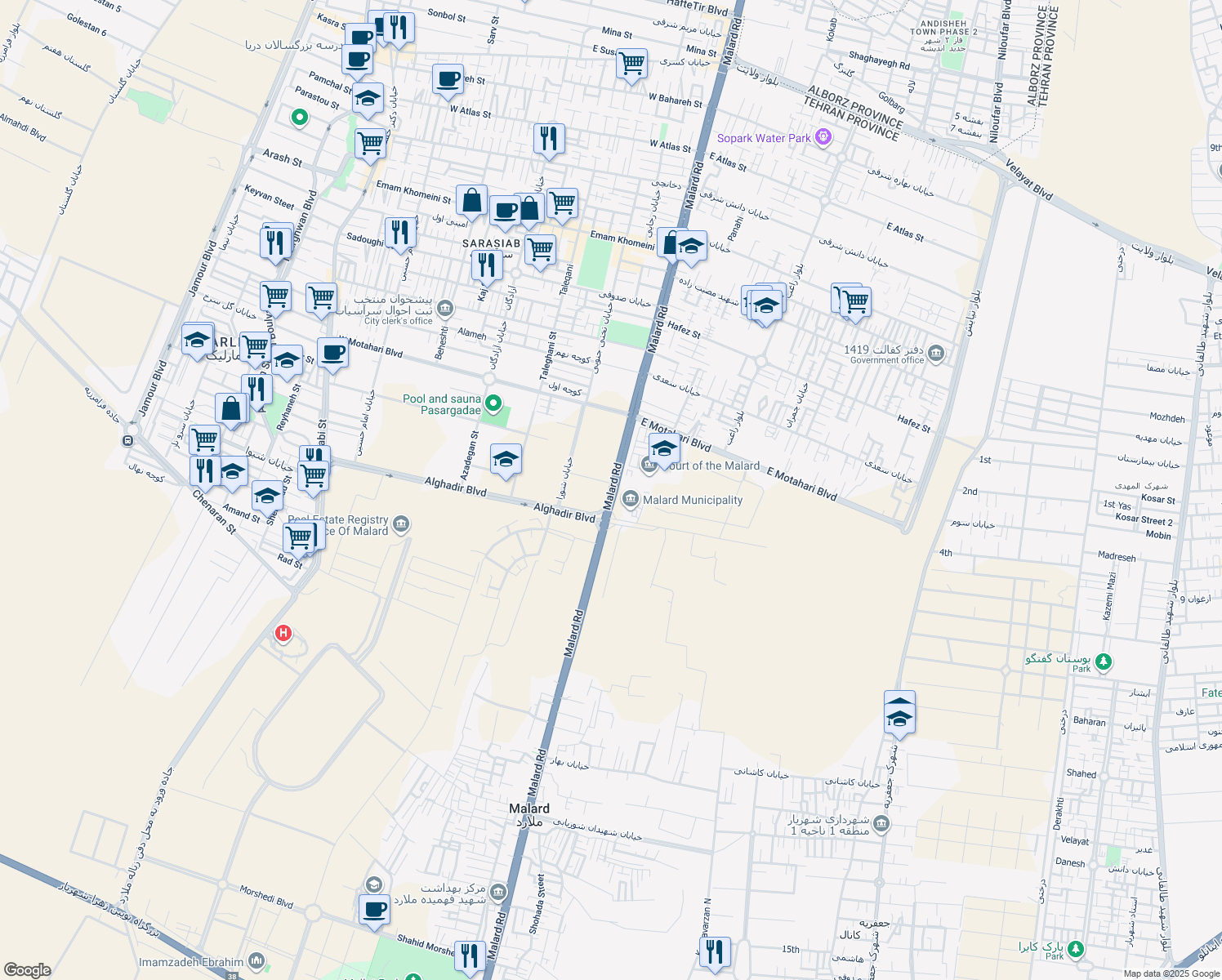 map of restaurants, bars, coffee shops, grocery stores, and more near Malard Road in Malard