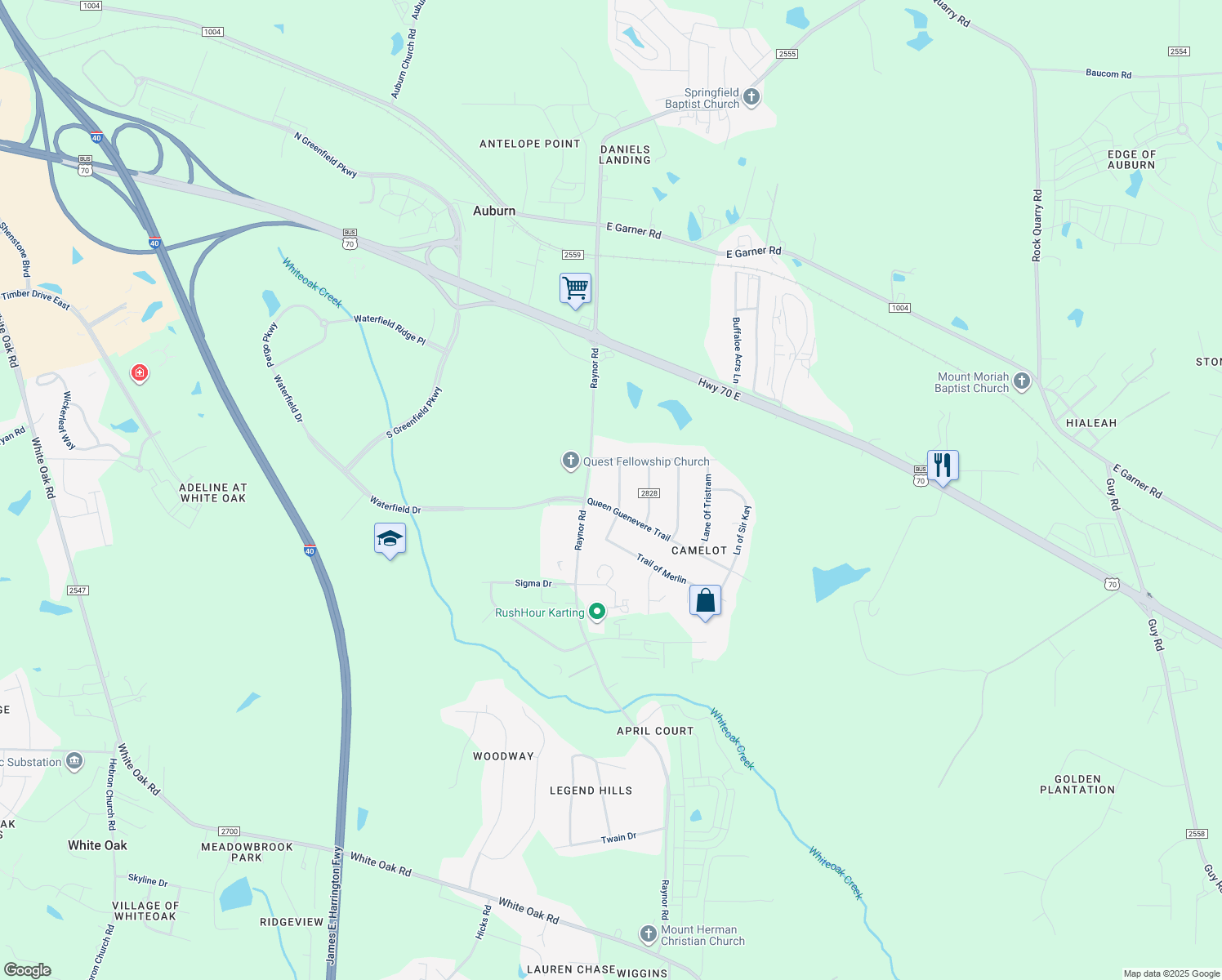 map of restaurants, bars, coffee shops, grocery stores, and more near 206 Ln of Sir Lancelot in Garner