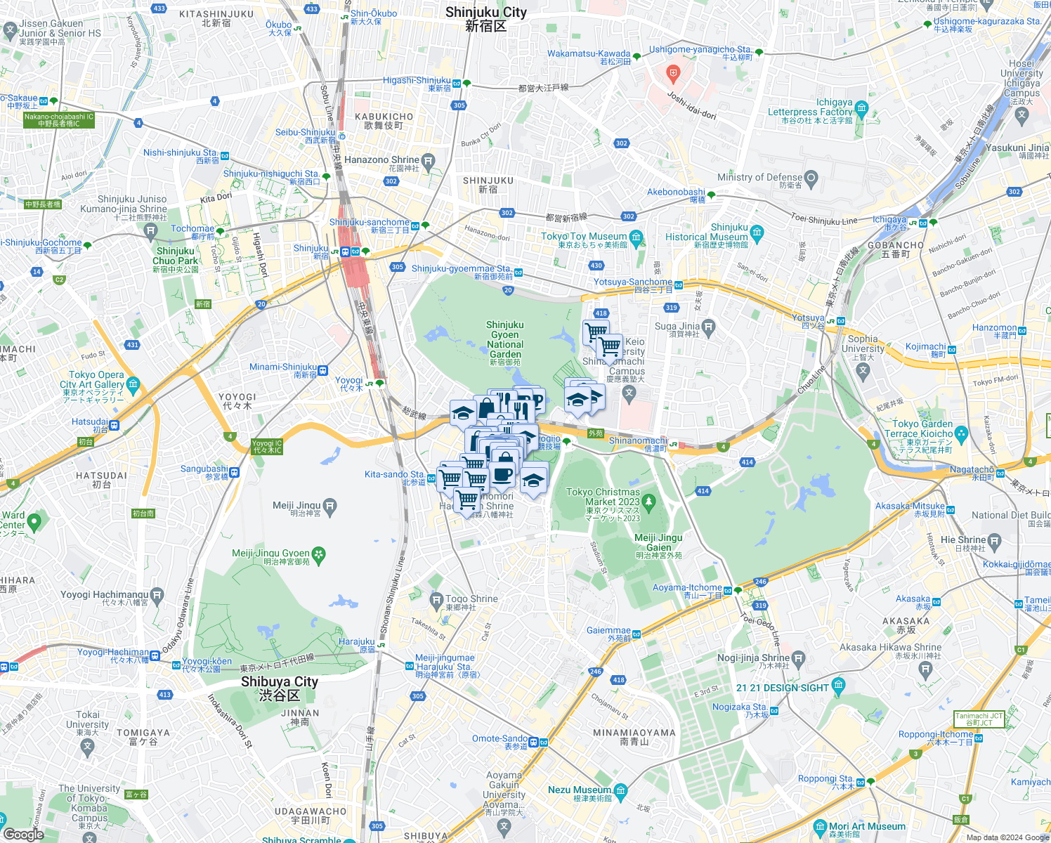 map of restaurants, bars, coffee shops, grocery stores, and more near in Shibuya City