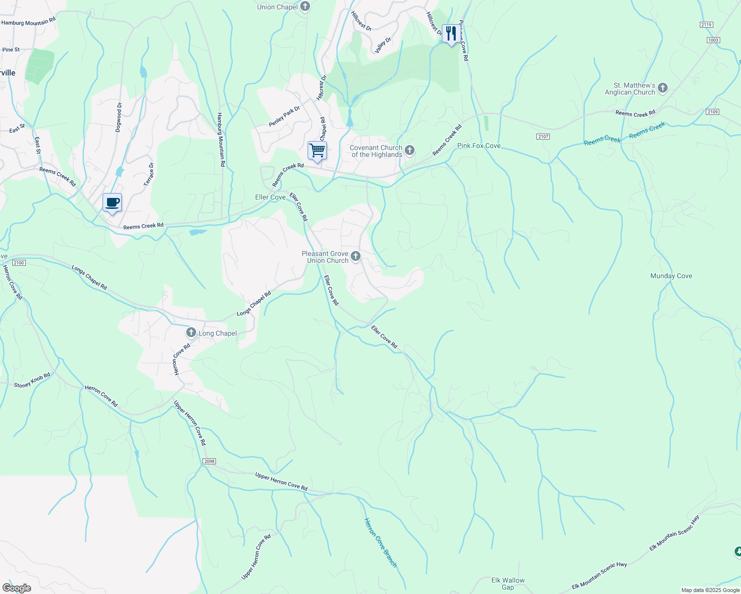 map of restaurants, bars, coffee shops, grocery stores, and more near 123 Pleasant Grove Road in Weaverville