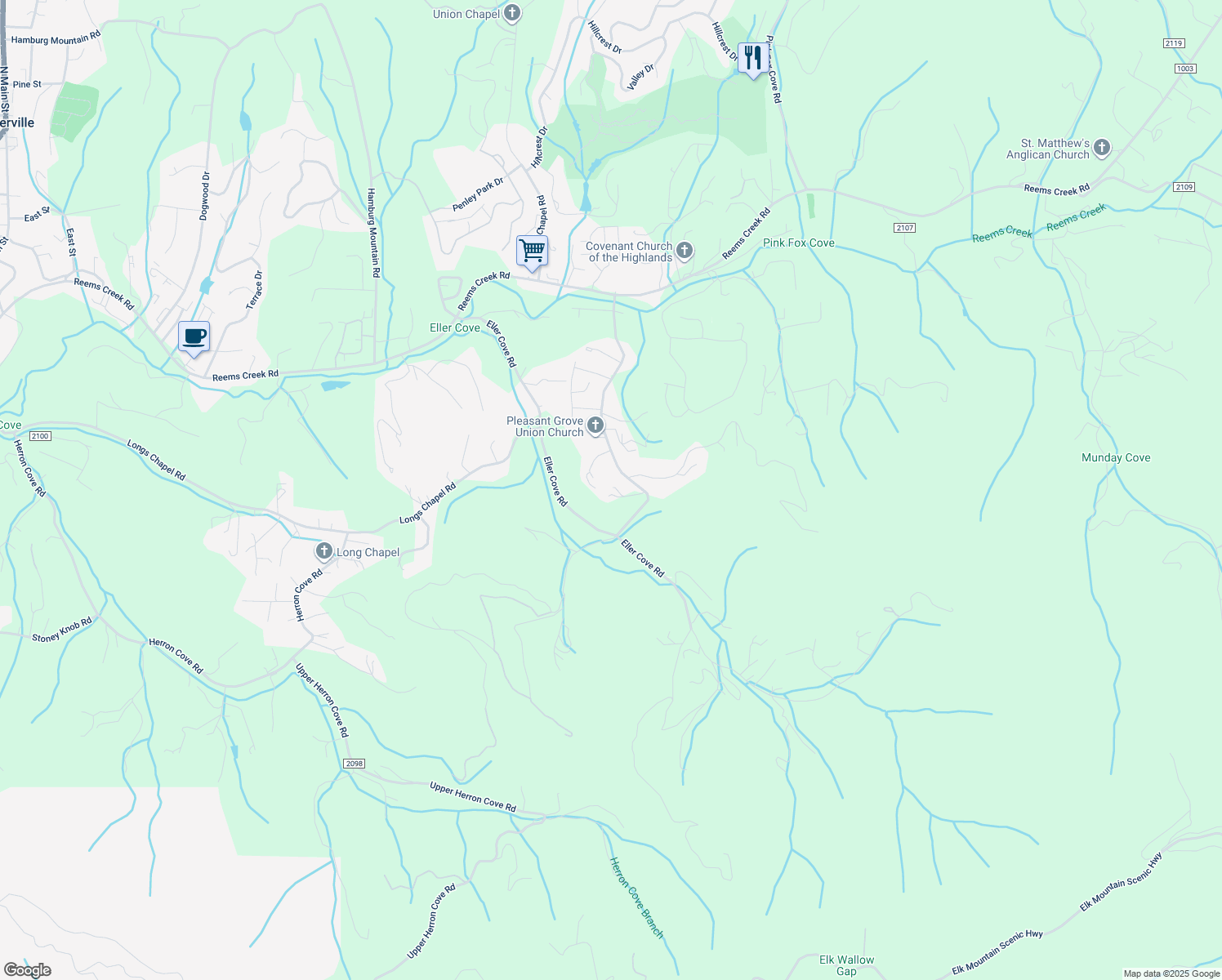 map of restaurants, bars, coffee shops, grocery stores, and more near 123 Pleasant Grove Road in Weaverville