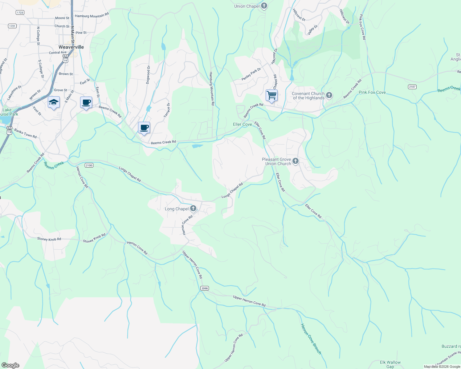 map of restaurants, bars, coffee shops, grocery stores, and more near 21 Sunglow Lane in Weaverville