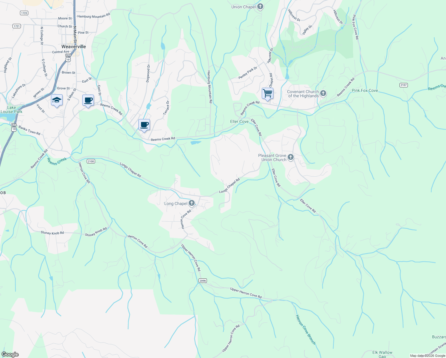 map of restaurants, bars, coffee shops, grocery stores, and more near 21 Sunglow Lane in Weaverville