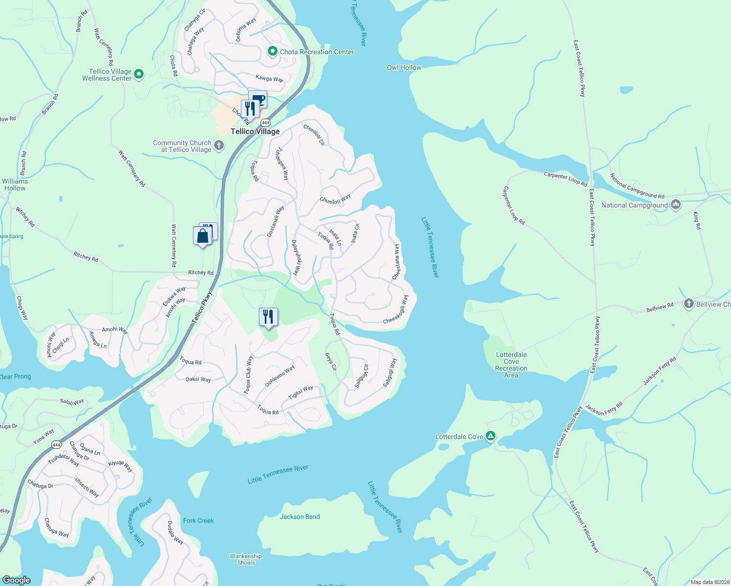 map of restaurants, bars, coffee shops, grocery stores, and more near 404 Cheestana Lane in Loudon