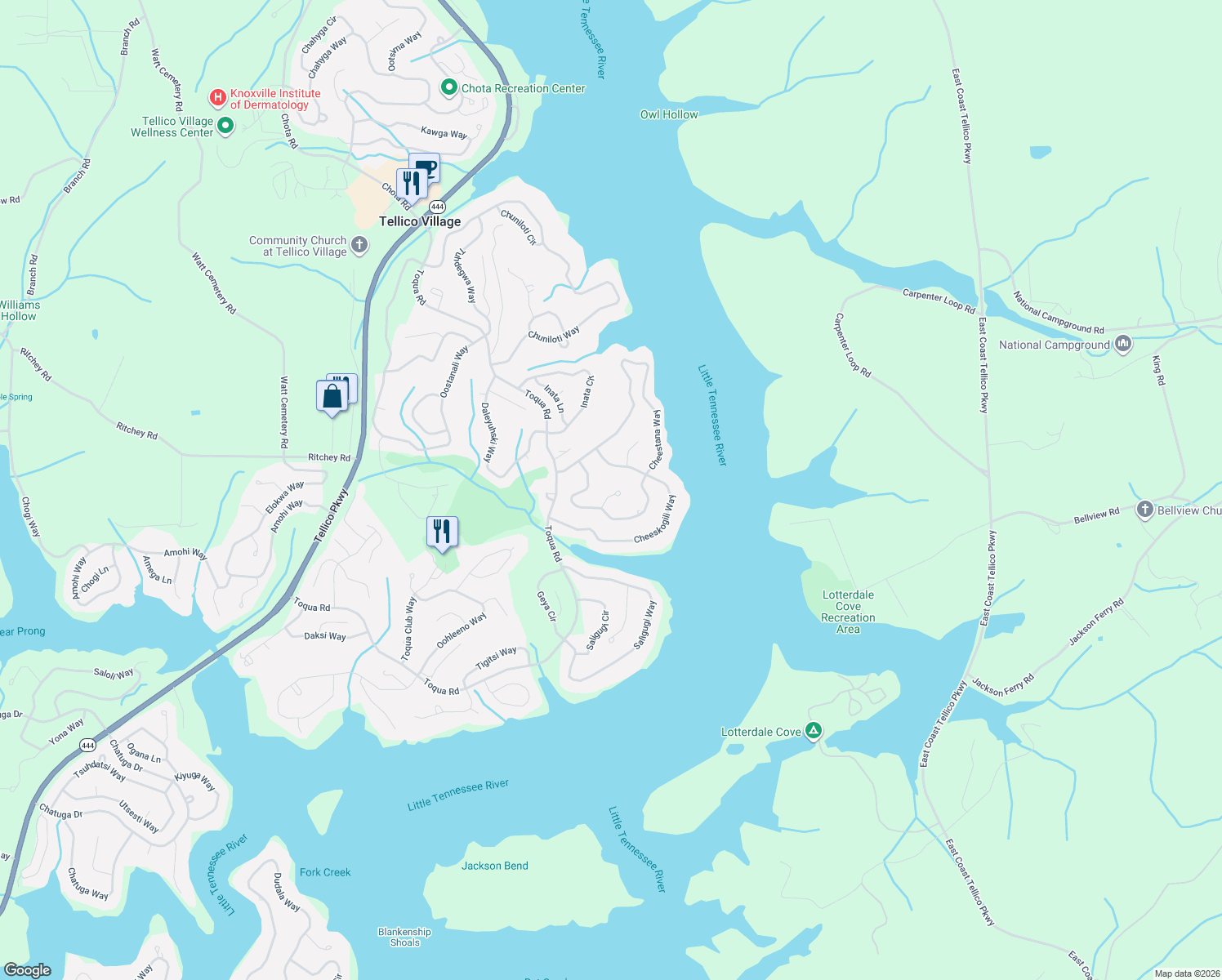 map of restaurants, bars, coffee shops, grocery stores, and more near 404 Cheestana Lane in Loudon