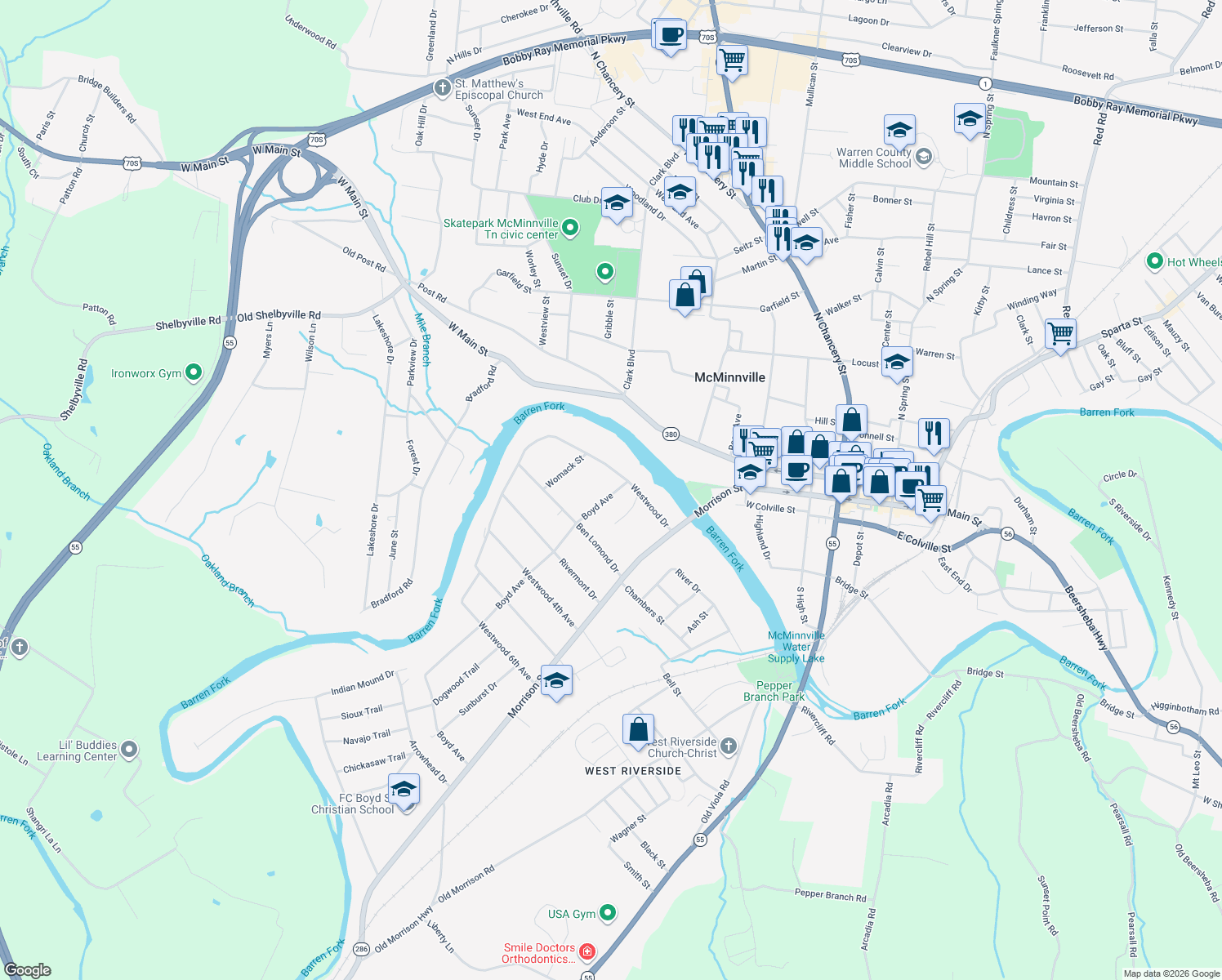 map of restaurants, bars, coffee shops, grocery stores, and more near 104 Boyd Avenue in McMinnville