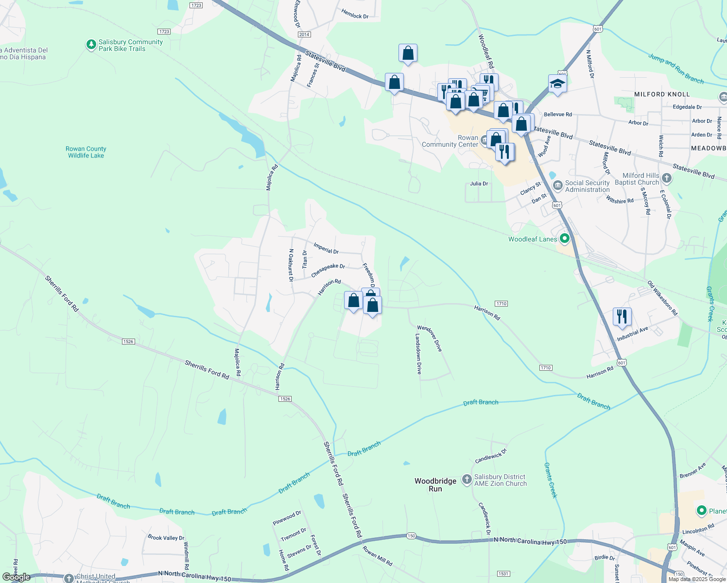 map of restaurants, bars, coffee shops, grocery stores, and more near 1560 Harrison Road in Salisbury
