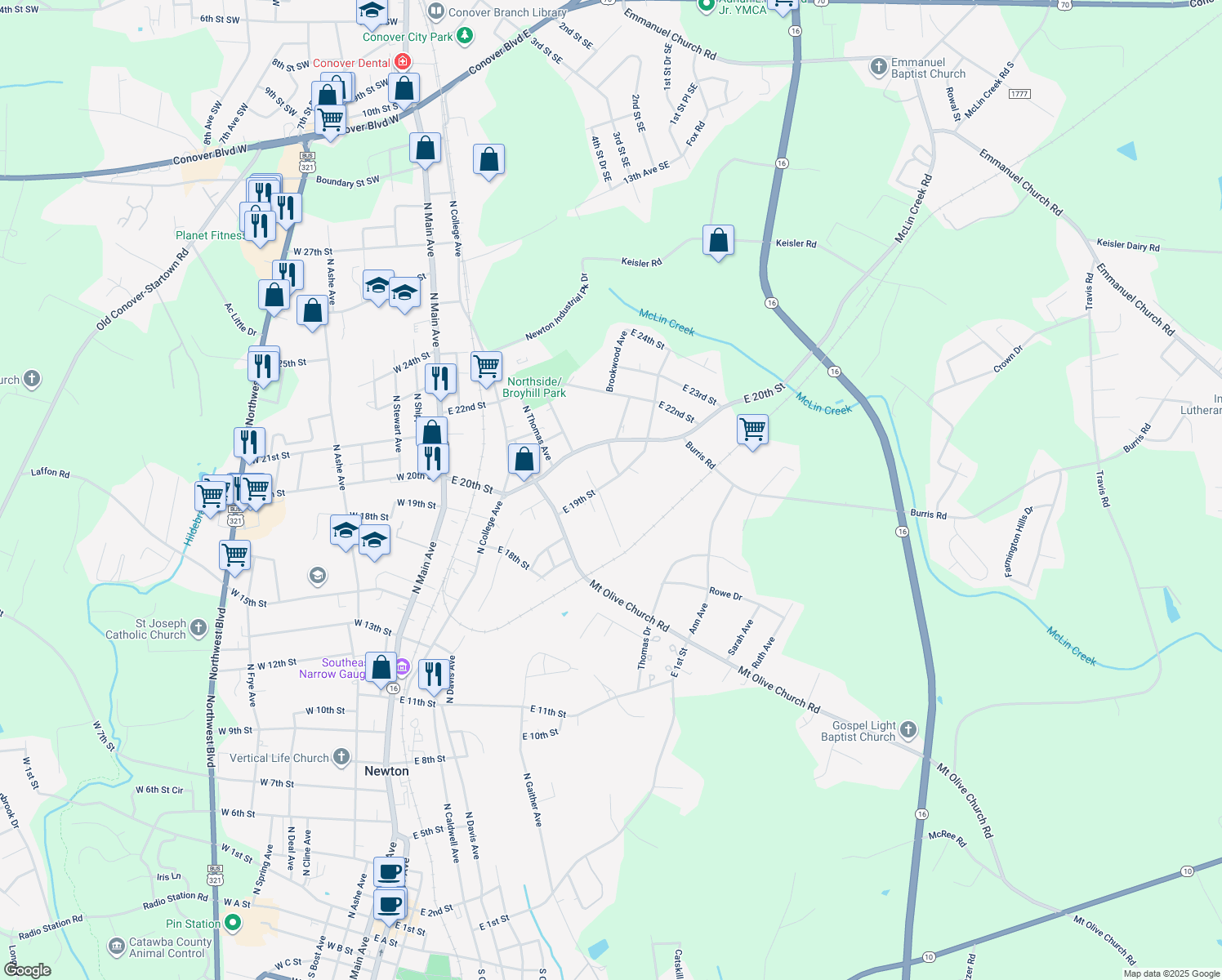 map of restaurants, bars, coffee shops, grocery stores, and more near 606 E 19th St in Newton