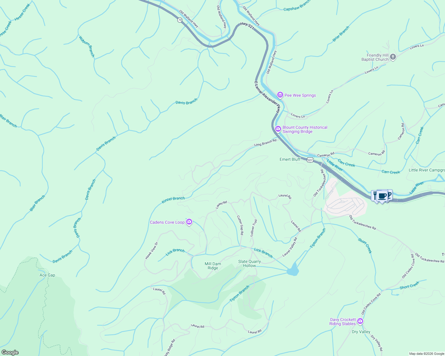 map of restaurants, bars, coffee shops, grocery stores, and more near 509 Lady Slipper Lane in Townsend
