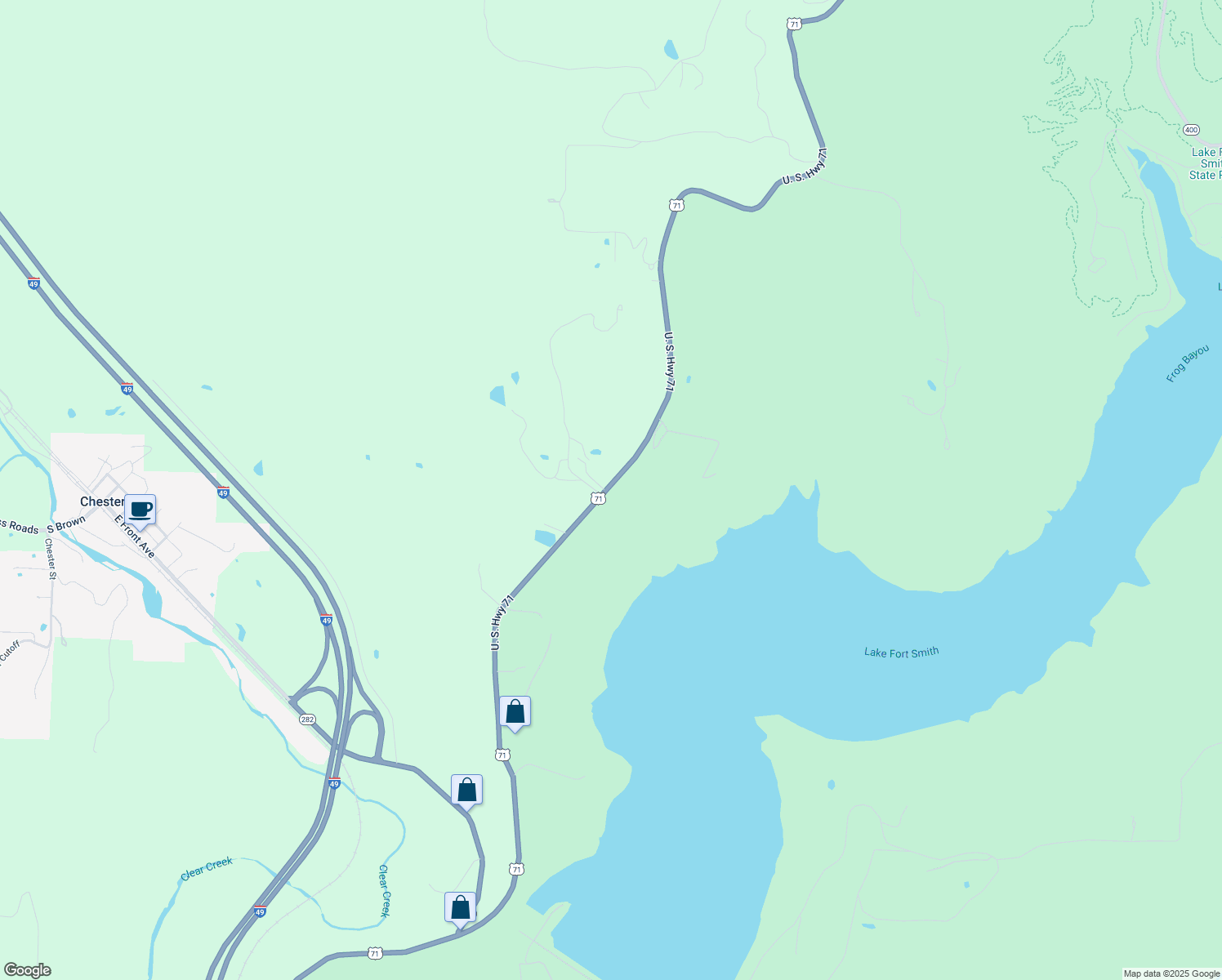 map of restaurants, bars, coffee shops, grocery stores, and more near 17210 North Highway 71 in Mountainburg