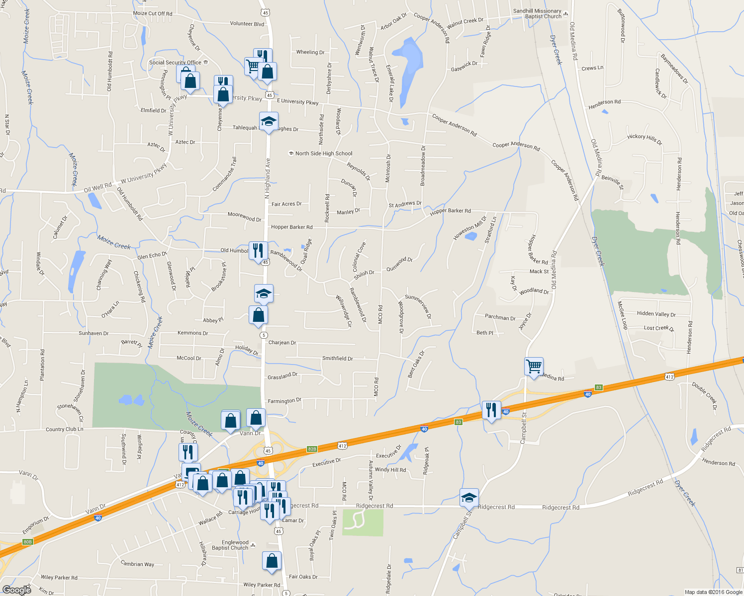 map of restaurants, bars, coffee shops, grocery stores, and more near 23 Kirbywood Cove in Jackson