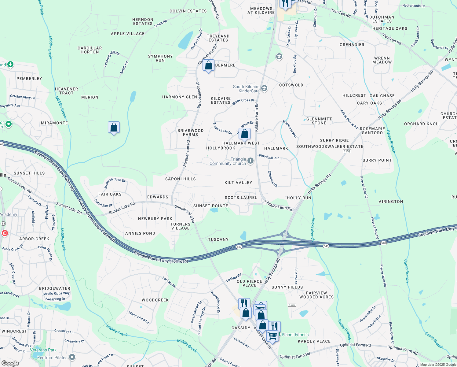 map of restaurants, bars, coffee shops, grocery stores, and more near 4632 Ness Drive in Apex