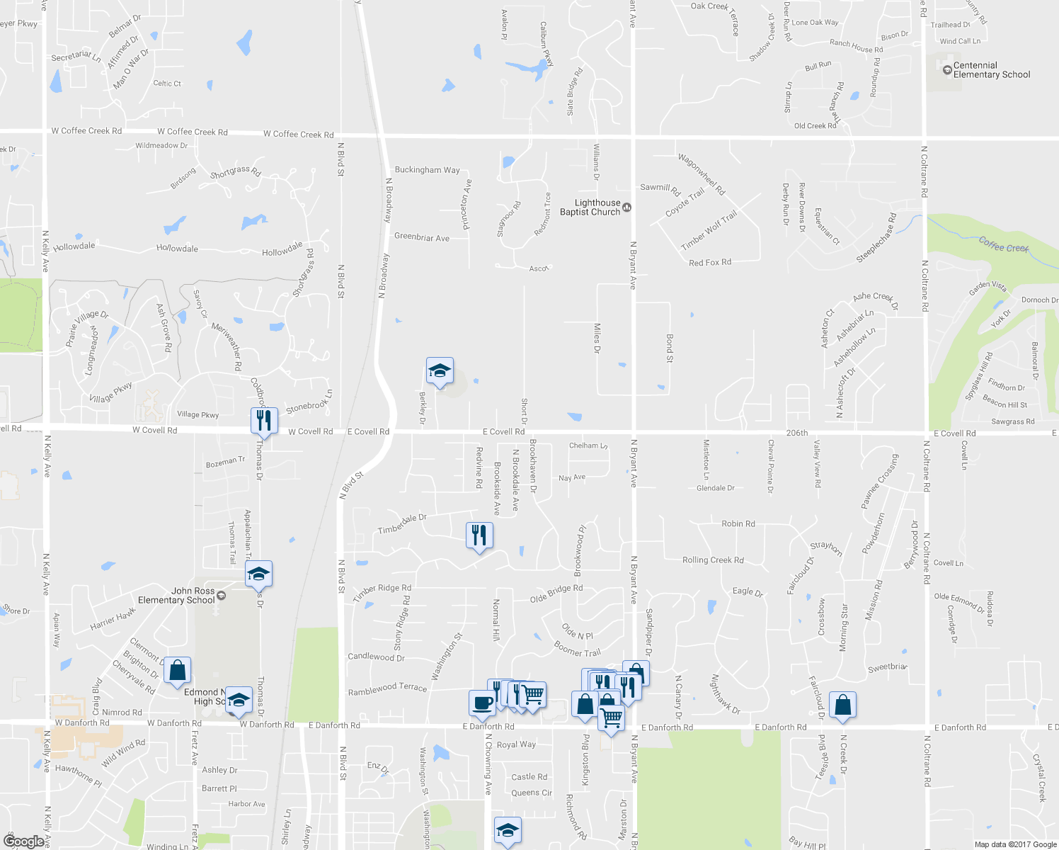 map of restaurants, bars, coffee shops, grocery stores, and more near 2700 Short Drive in Edmond