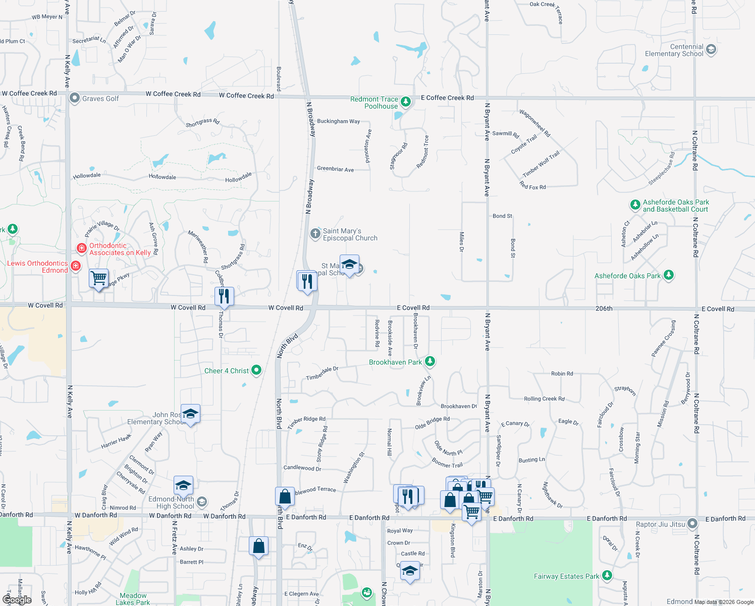 map of restaurants, bars, coffee shops, grocery stores, and more near 2702 Princeton Ave in Edmond
