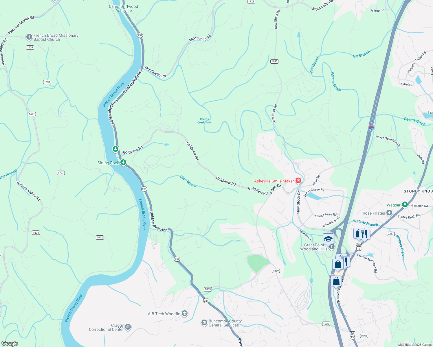 map of restaurants, bars, coffee shops, grocery stores, and more near 134 Goldview Road in Asheville