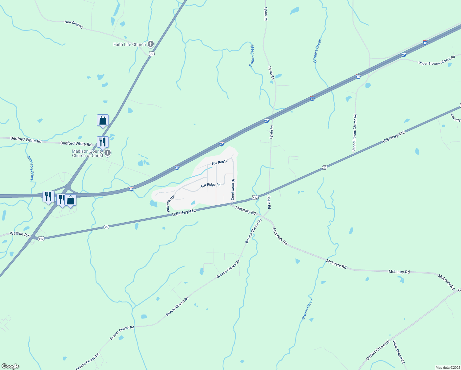 map of restaurants, bars, coffee shops, grocery stores, and more near 57 Creekwood Dr in Jackson