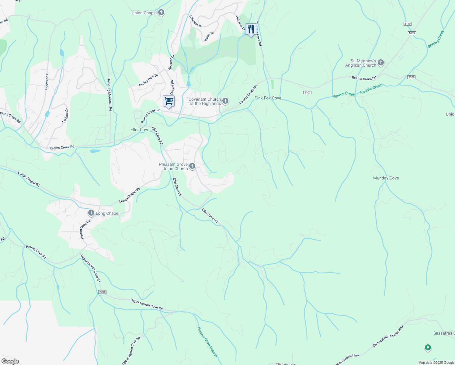 map of restaurants, bars, coffee shops, grocery stores, and more near 13 Blevins Road in Weaverville