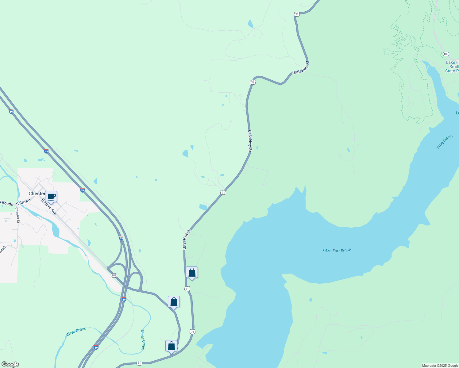 map of restaurants, bars, coffee shops, grocery stores, and more near 17210 North Highway 71 in Mountainburg