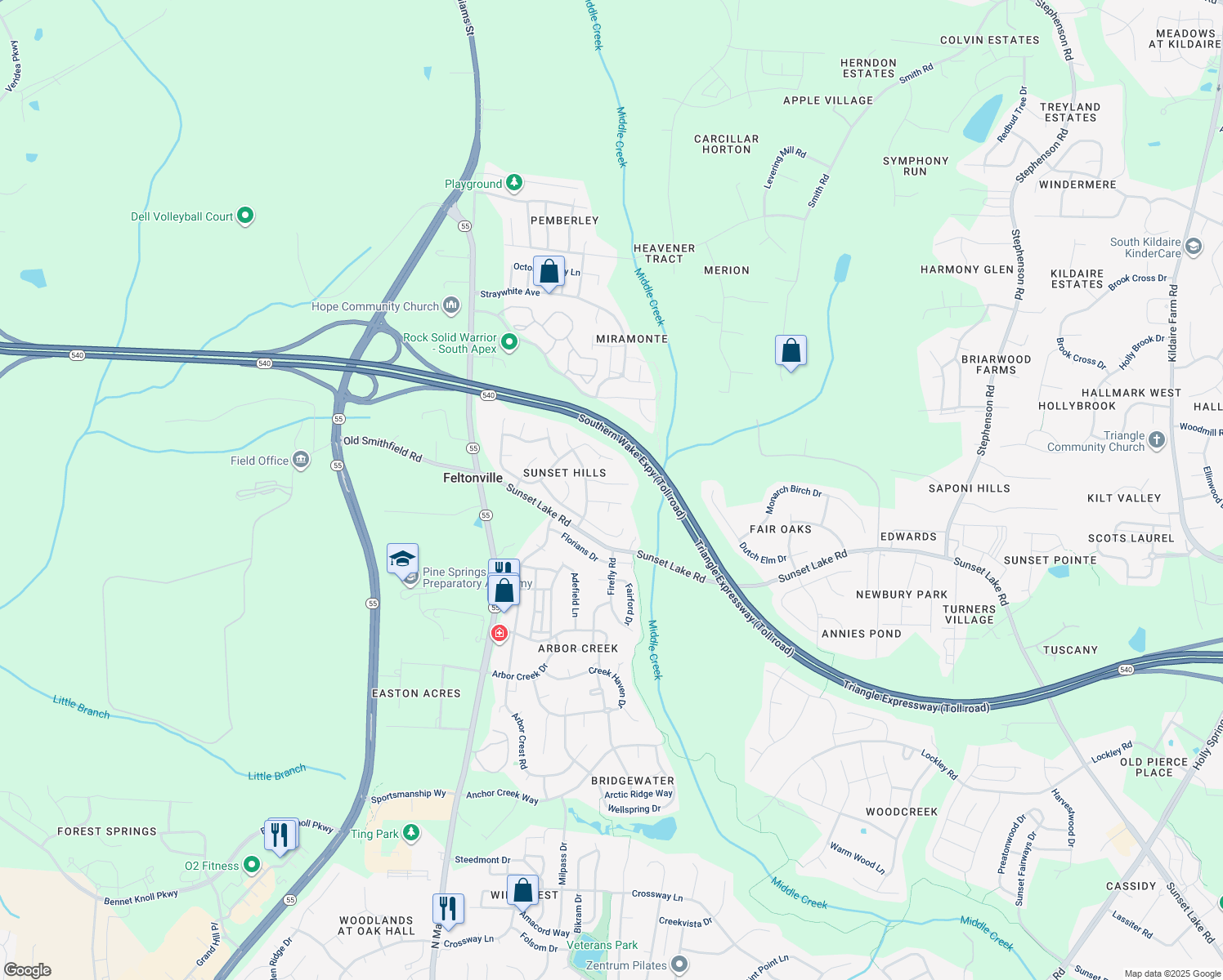 map of restaurants, bars, coffee shops, grocery stores, and more near 210 Hollyhock Lane in Apex