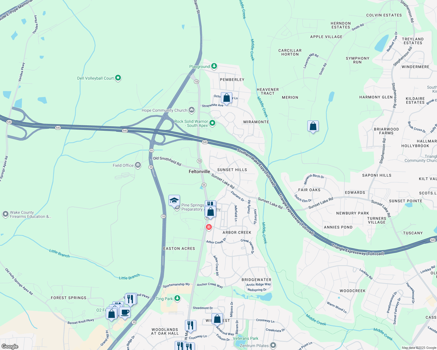 map of restaurants, bars, coffee shops, grocery stores, and more near 102 Thorncrest Drive in Apex