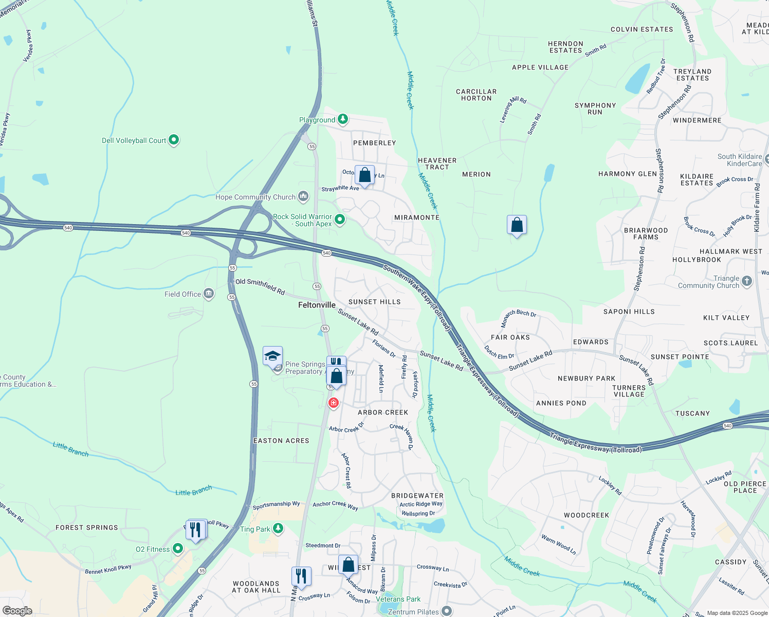 map of restaurants, bars, coffee shops, grocery stores, and more near 307 Stonecreek Drive in Apex