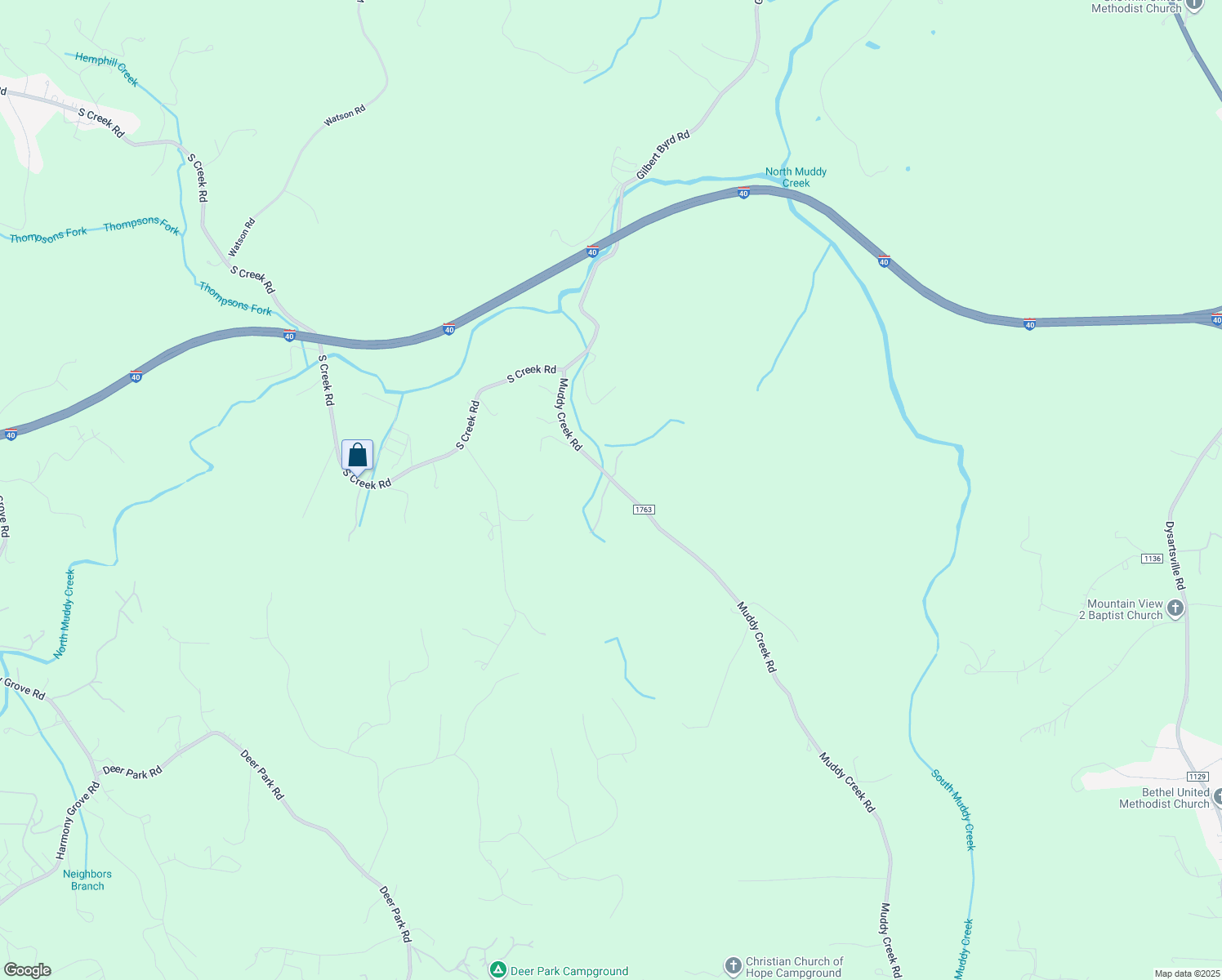 map of restaurants, bars, coffee shops, grocery stores, and more near 404 Muddy Creek Road in Nebo