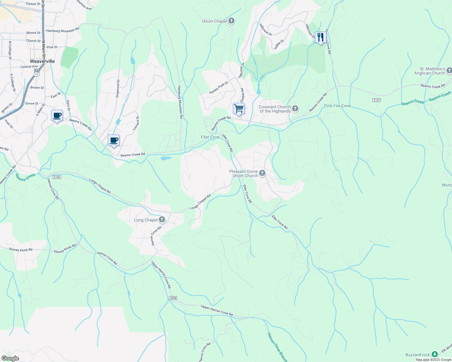 map of restaurants, bars, coffee shops, grocery stores, and more near 3 Nicole Lane in Weaverville